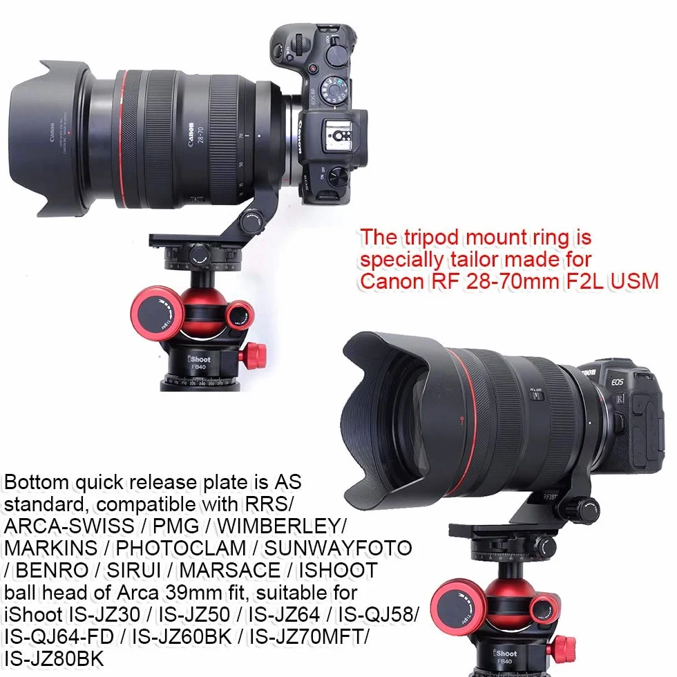 iShoot Supporto ad anello con supporto in metallo da 74,5 mm compatibile con Canon RF 28-70 mm f/2L USM, supporto per lenti e supporto per lenti è Arca-Swiss Fit piastra a sgancio rapido