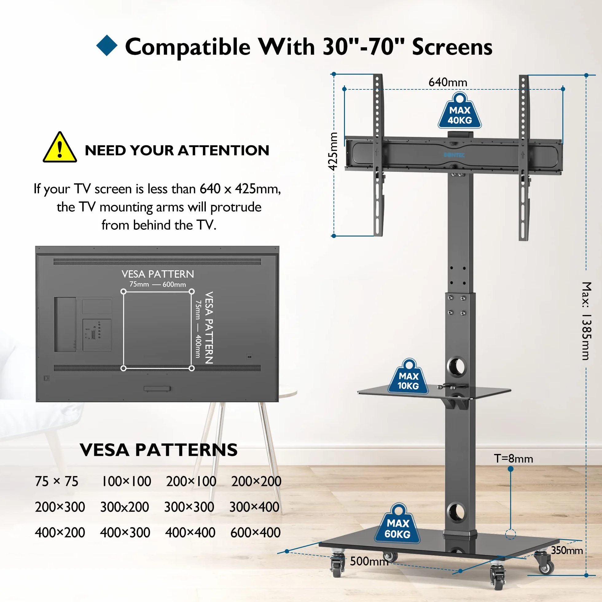 BONTEC Supporto TV da Pavimento 30-70 Pollici, Altezza Regolabile, Ripiani in Vetro Temperato, Carrello TV Portatile con Ruote, 40kg, VESA 600x400mm