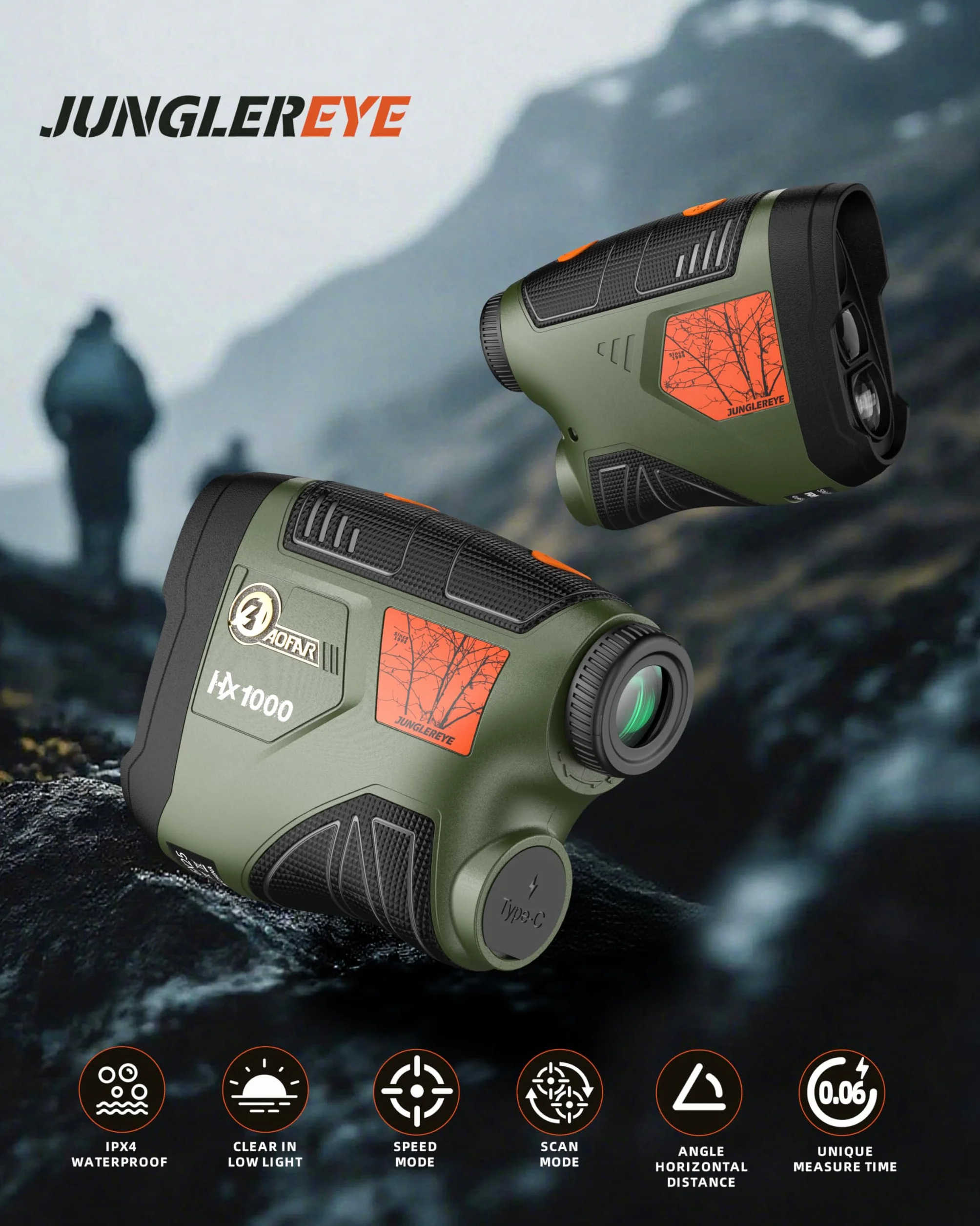AOFAR HX1000 Range Finder per Caccia, Tiro con l'Arco, 1000 Yards (circa 914 m) con Angolo e Distanza Orizzontale, Misuratore di distanza di tiro per fucile. Modalità Range, Scan, Speed per Cacciatori