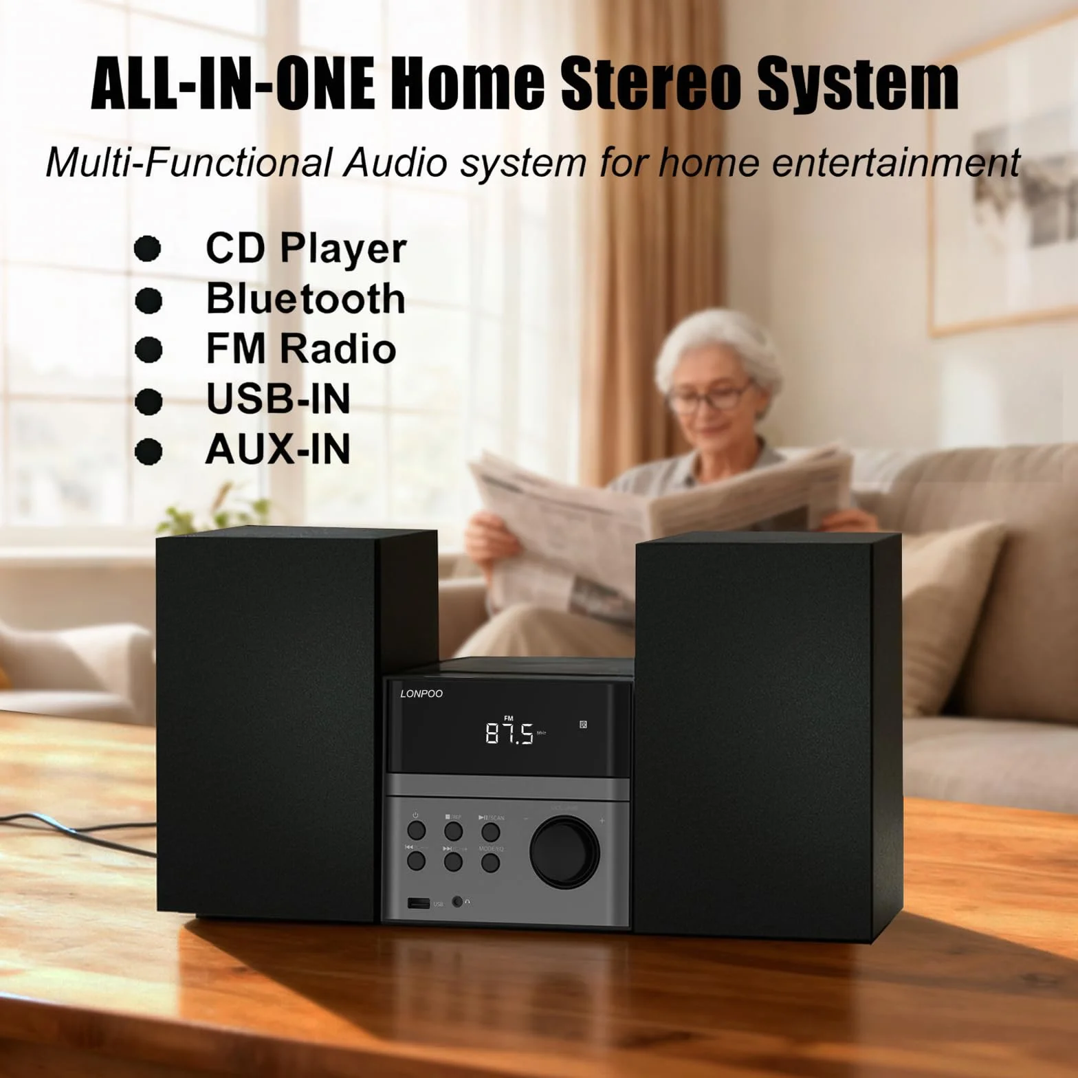 LONPOO Impianto Stereo Casa - 30W Micro HiFi Compatto con lettore CD, Bluetooth, radio FM, USB, AUX-in, display LED e pulsante grande, telecomando (LP-128)