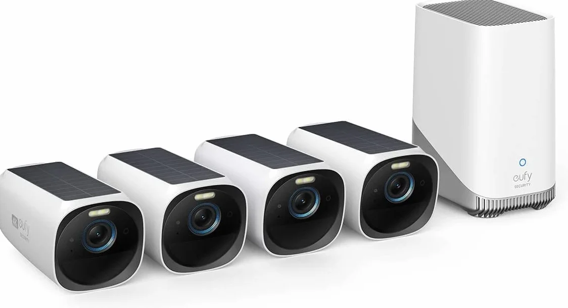 eufy Security eufyCam S330(eufyCam 3), telecamera wi-fi esternoi, telecamera pannello solare, risoluzione 4K, riflettore e visione notturna a colori, Nessun Costo Mensile, Kit di 4 telecamere