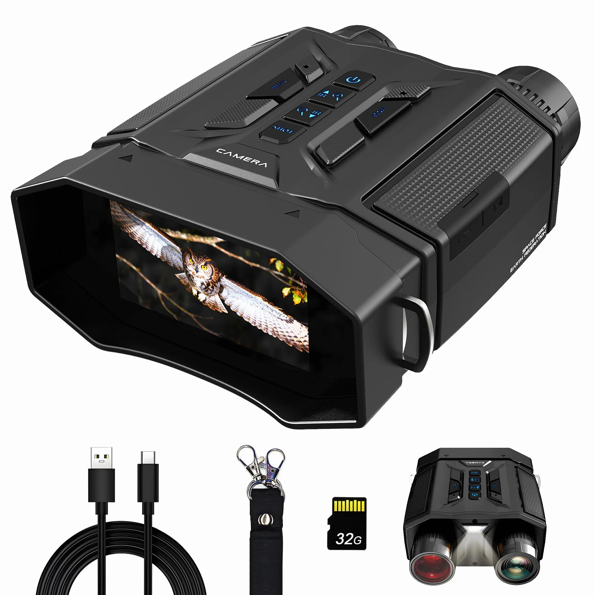 Visore Notturno con Scheda 32GB, Binocolo Visione Notturna Zoom 8X, Schermo 3.0'', Video Binocolo Interattivo Batteria 4000mAh, IR 7 Livelli, Regalo Uomo & Papà