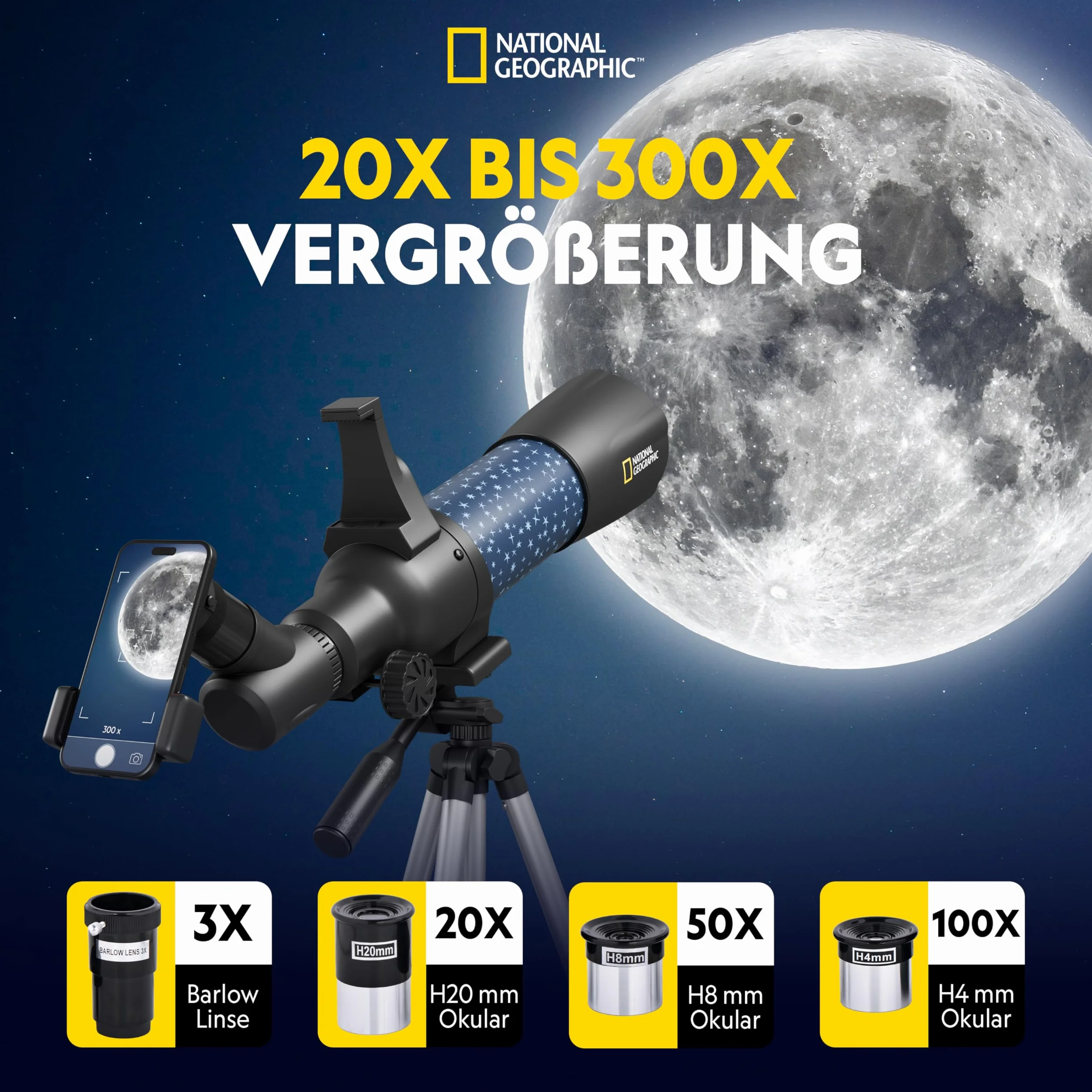 National Geographic smartes AR - Telescopio per bambini con treppiede, zaino, supporto per smartphone e app di realtà aumentata