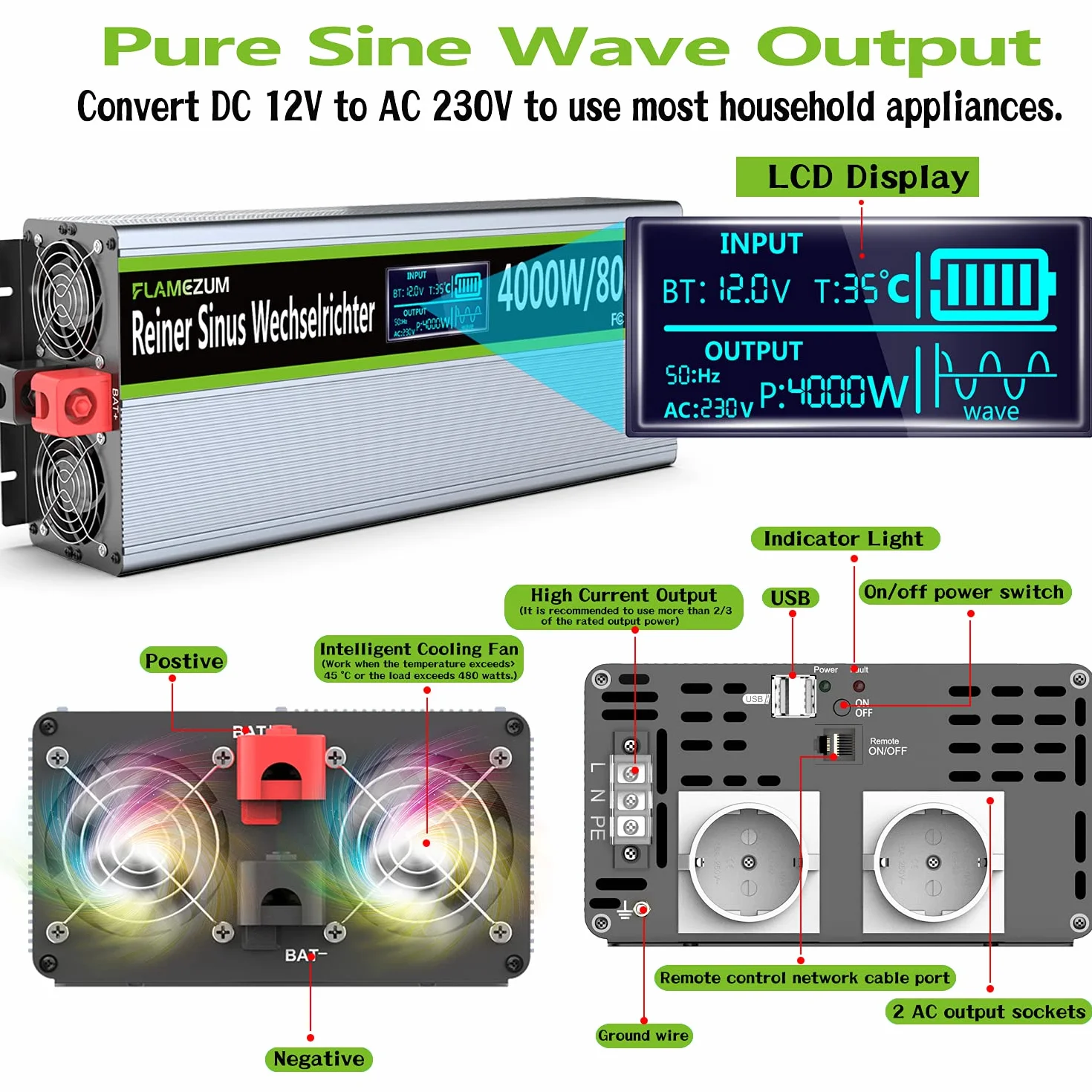 4000W/8000W Power Inverter 12v 220v Onda Pura Transformatore di Tension Convertitore Invertitore di Tensione-2 EU Presa con Uscita USB Telecomando Adatto per frigoriferi,Elettrosega