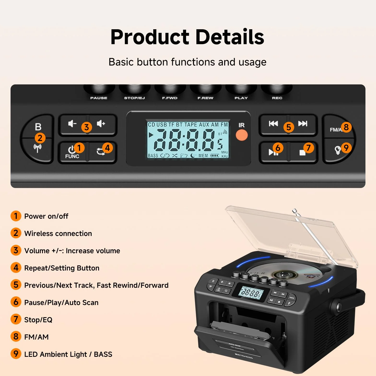 Retekess TR642 Lettore CD Boombox Portatile, Radio con Lettore CD, AM FM Radio, Connettività Wireless, USB/AUX/TF, con Telecomando, Jack per Cuffie, Batterie Ricaricabili, Adatto alle Famiglie