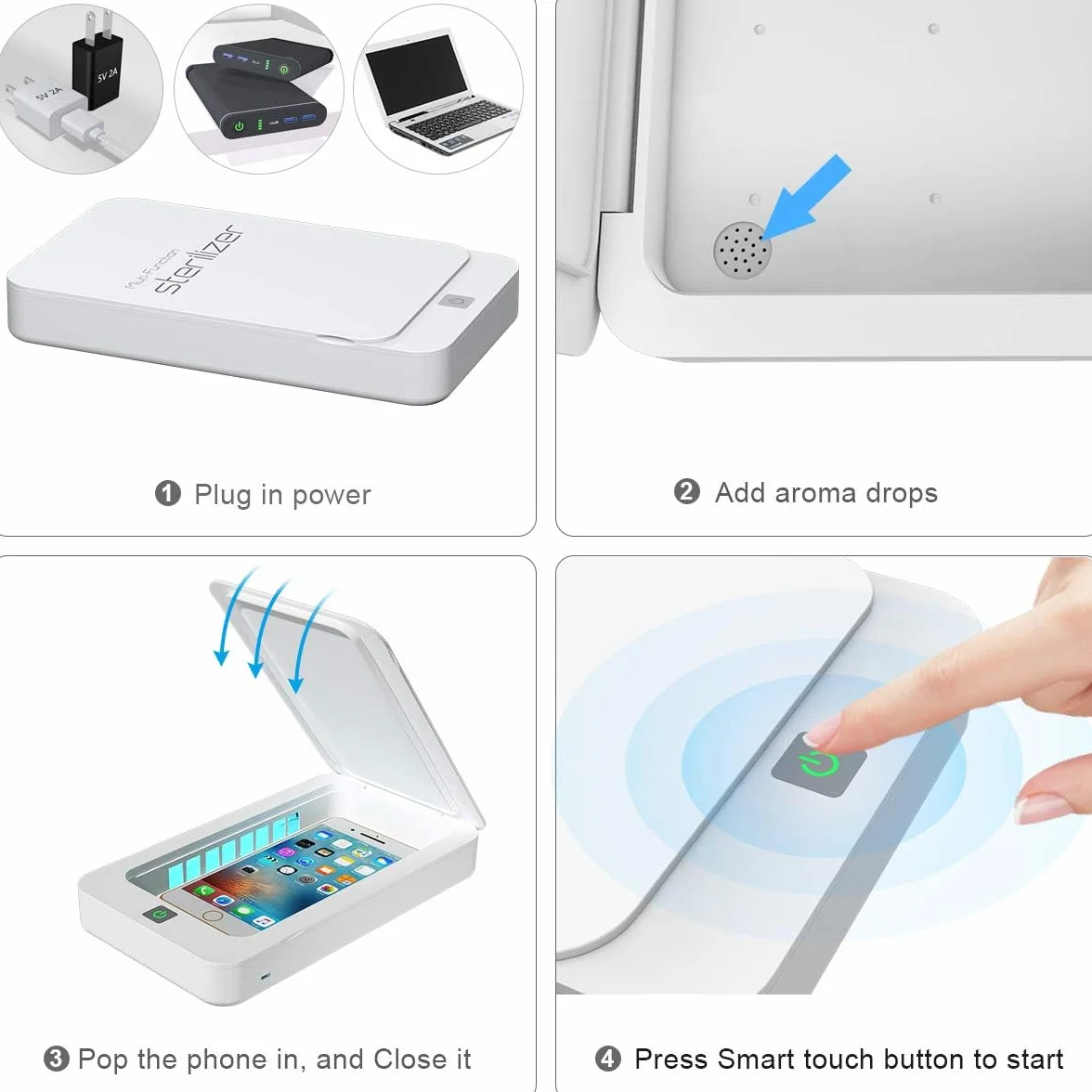 Scatola disinfettante con luce UV, scatola per la pulizia del telefono cellulare, scatola per la pulizia UVC portatile, per aromaterapia, sterilizzatore UV a 360° per telefono, spazzolini da denti
