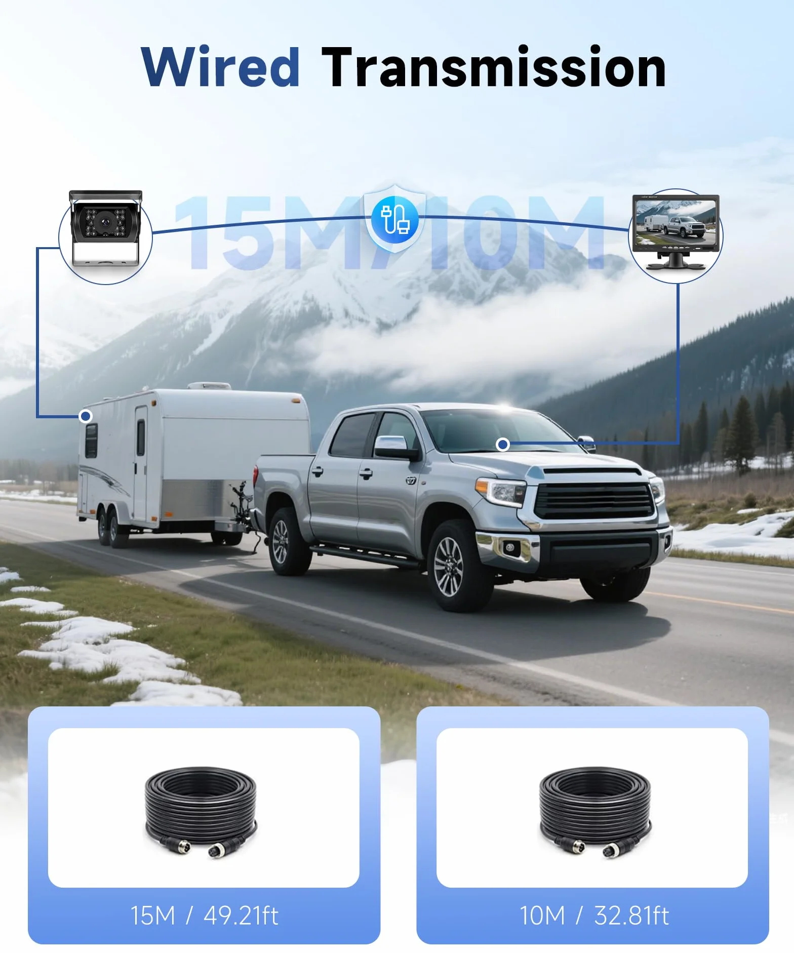 Telecamera Posteriore per Auto con 2 Telecamere, Monitor LCD da 7 Pollici Telecamera per Auto Kit,Impermeabile IP68,18IR Visione Notturna, 10M+15M Cavo Video per Auto/Bus/Camion/Camper/Furgone 12V-24V