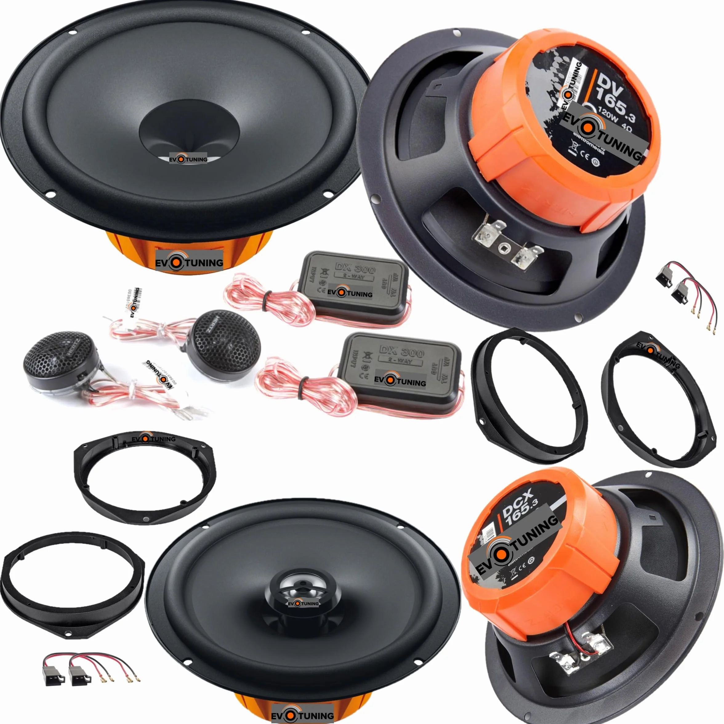 Kit 6 Casse Altoparlanti per Fiat 500L e 500X Anteriori e Posteriori compatibile con Hertz DSK165.3+DCX165.3 Set 2 Woofer 2 Tweeter 2 Coassiali 4 Anelli 4 Cavi (No Plug and Play)