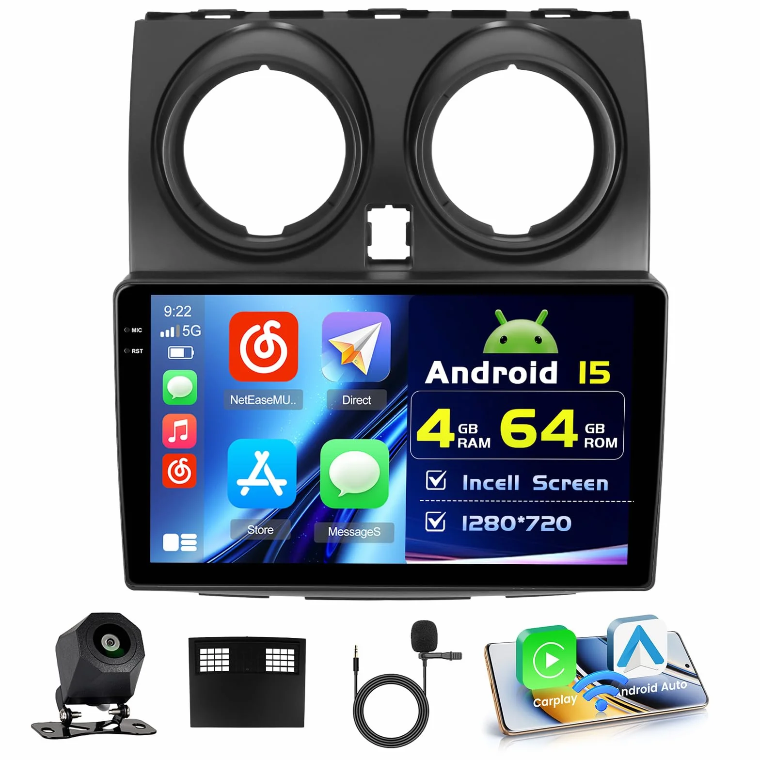 4+64G Autoradio Android per Nissan Qashqai J10 2006-2016 Wireless Carplay 9''Incell Schermo per Auto Android Auto WiFi Touchscreen Bluetooth5.0 GPS Retrocamera