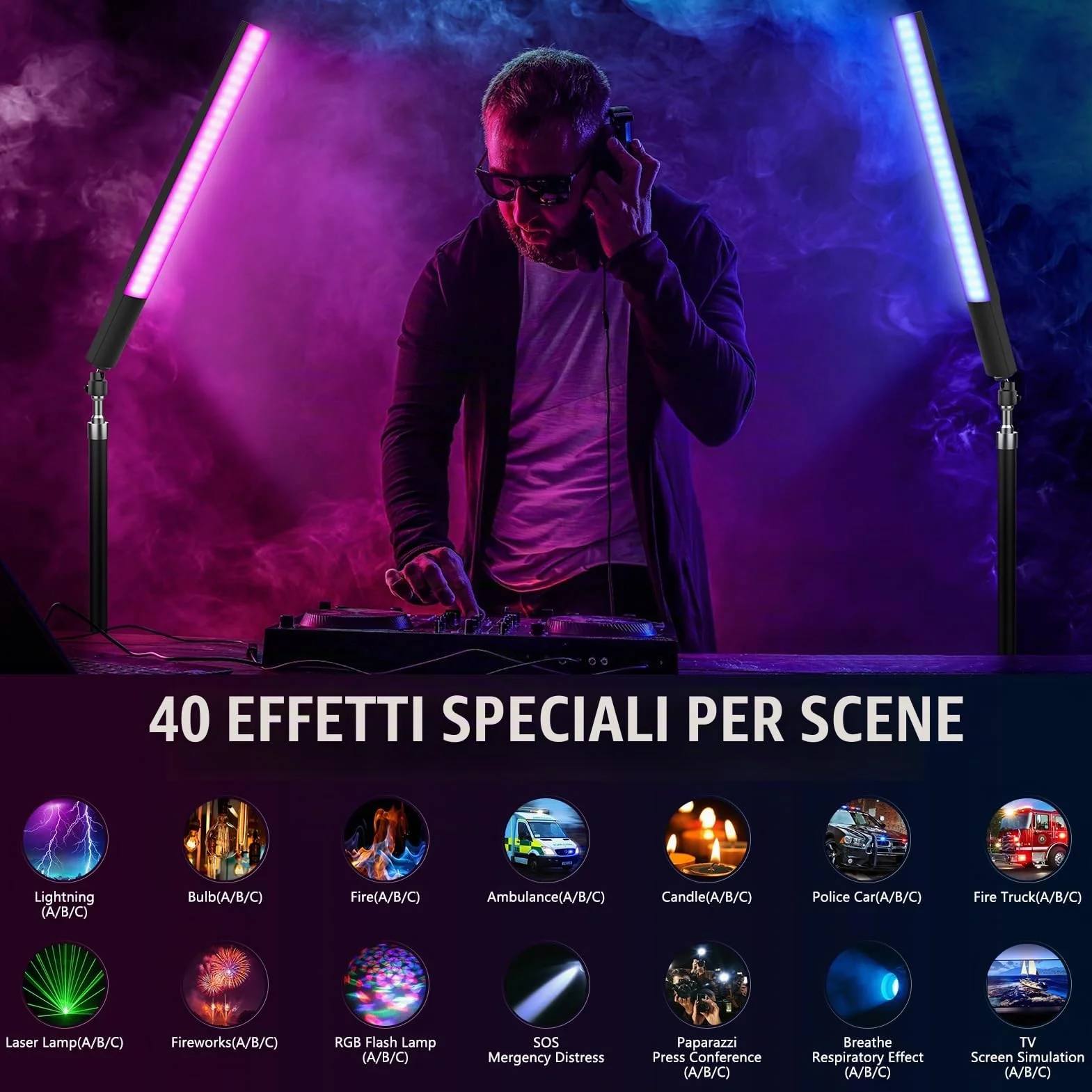 Obeamiu Kit di 2 bacchette luminose RGB per fotografia, dimmerabili, 2500-8500 K, con batteria da 8000 mAh, barra luminosa da studio con borsa per il trasporto per registrazione video, fotografia,
