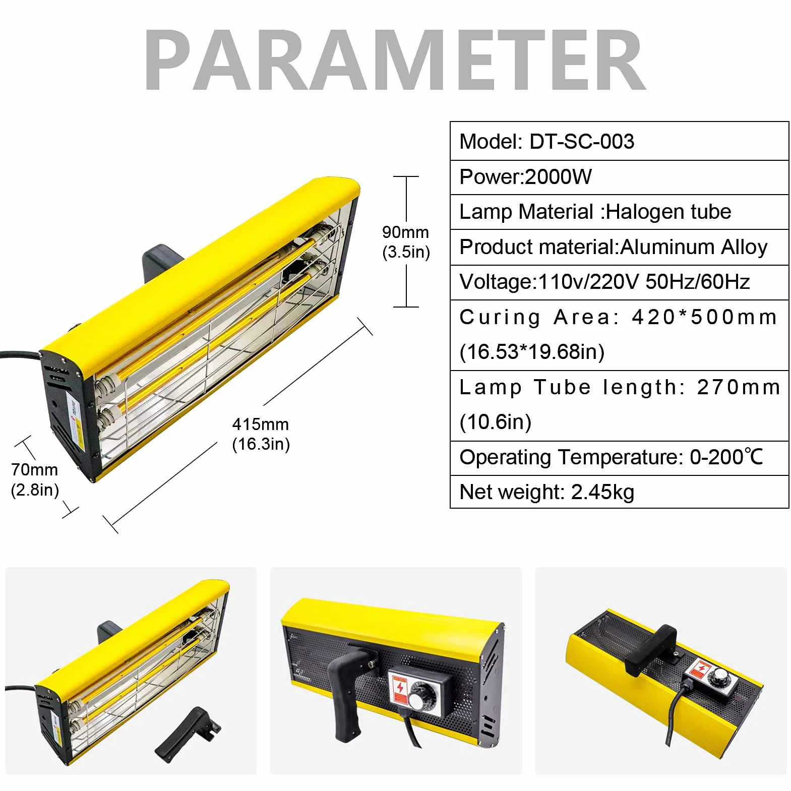 DATOUBOSS 2000W Lampada Infrarossi per Carrozzeria Palmare(40–200 °C, Superficie di Asciugamento 420 x 500 mm, Timer 1–90 min) Lampada per asciugare la Vernice della carrozzeria
