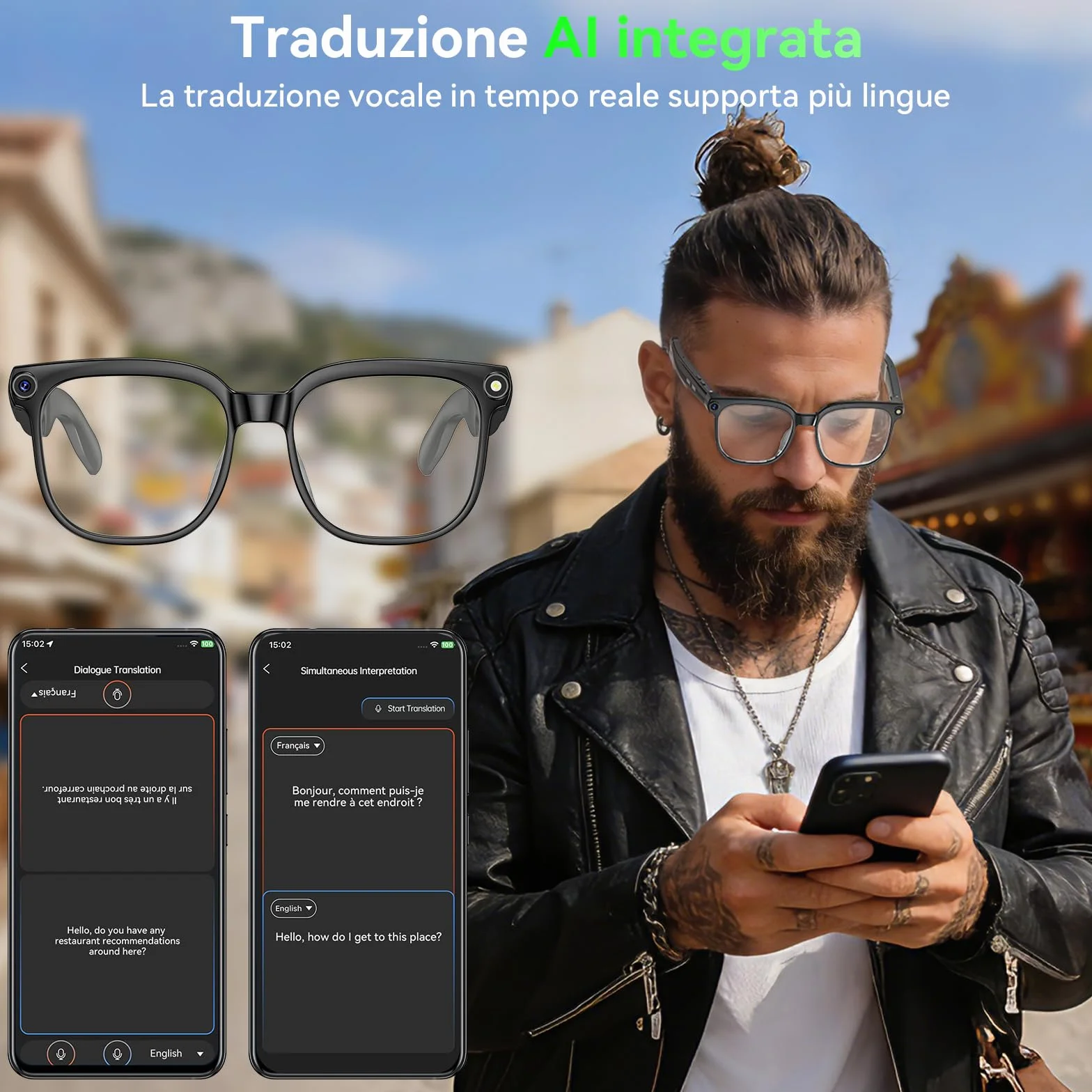 Occhiali Smart con Fotocamera 8MP,Smart Glasses AI,Occhiali Intelligenti con Fotografia/Registrazione/Chiamate Intelligenti/Musicale/Traduzione/Riconoscimento Immagini, Blu