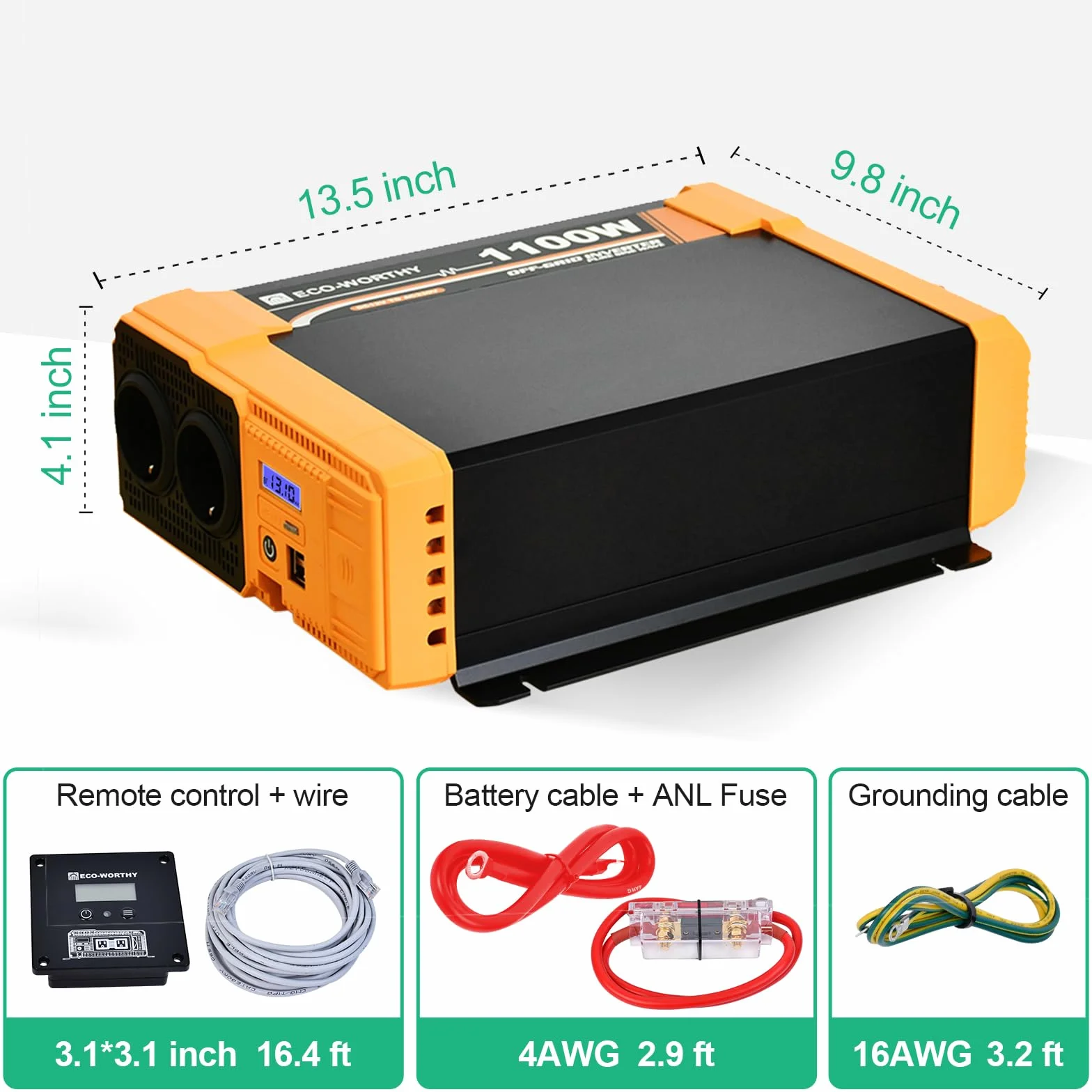 ECO-WORTHY Inverter da 12 V a 230 V sinus puro, convertitore di tensione da 1100 W, connettore USB Dual 18 W, 2 prese AC, 1 morsetti hardwire e 1 fusibile da 100 A, ECO1100W(BB)