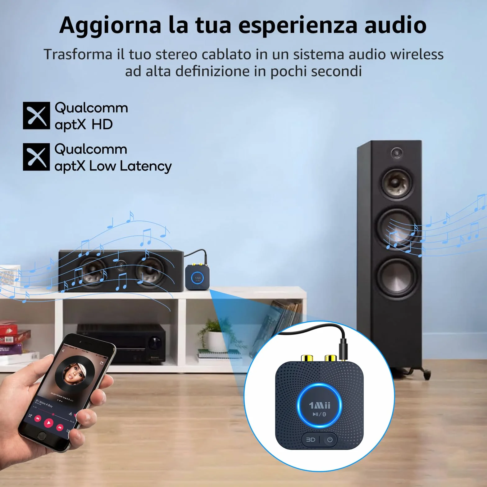 1Mii B06HD Ricevitore Audio Bluetooth 5.3, Adattatore Bluetooth per Sistema Stereo HiFi Domestico, con Audio Surround 3D a Bassa Latenza aptX HD, 15 Ore di Riproduzione, Jack AUX RCA da 3.5mm