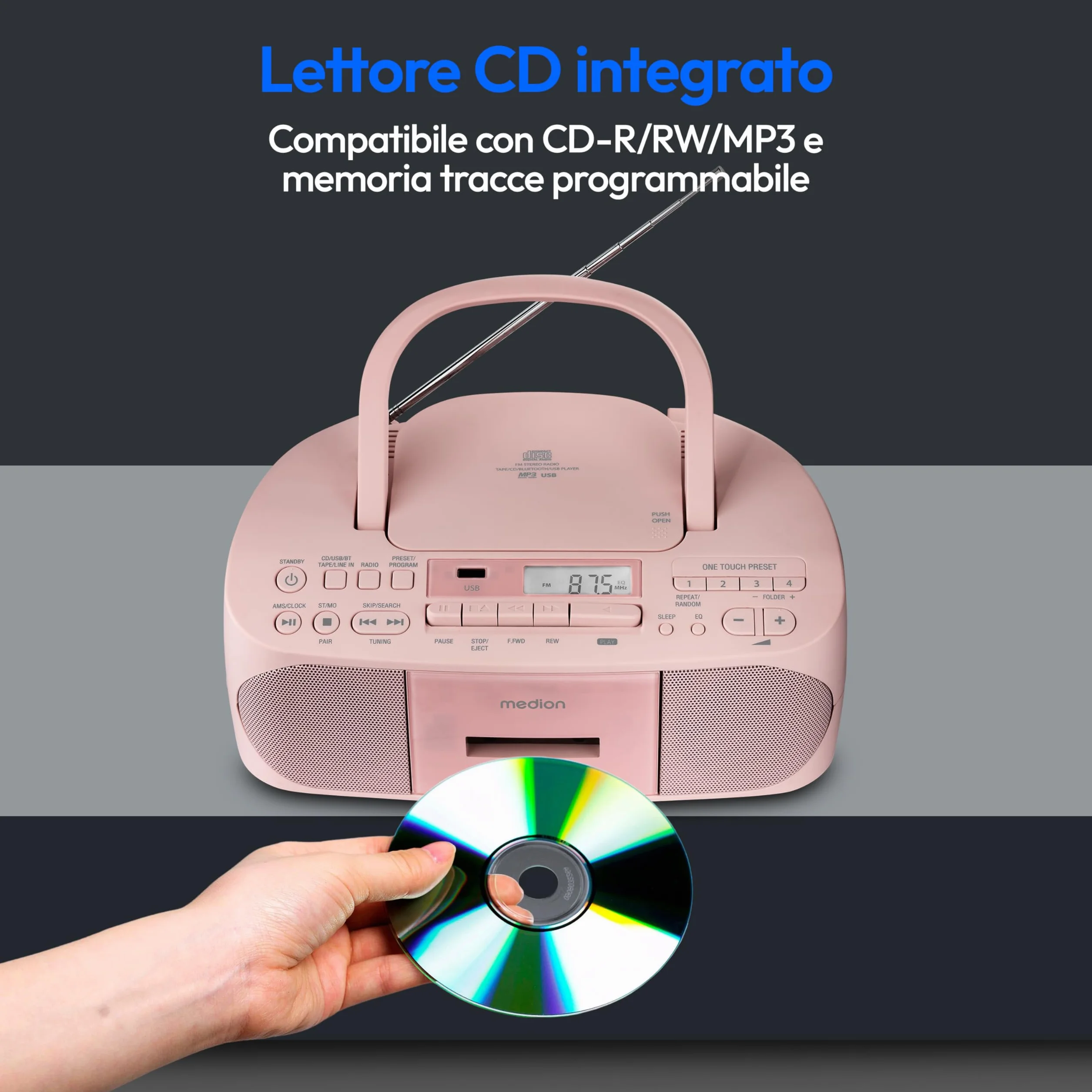 MEDION E65010 Radio Stereo (Lettore CD, Cassette, connessione USB, Ingresso Audio AUX, Riproduzione MP3. Radio FM PLL, Memoria 40 stazioni, Funzionamento a Batteria, Telecomando) Rosa