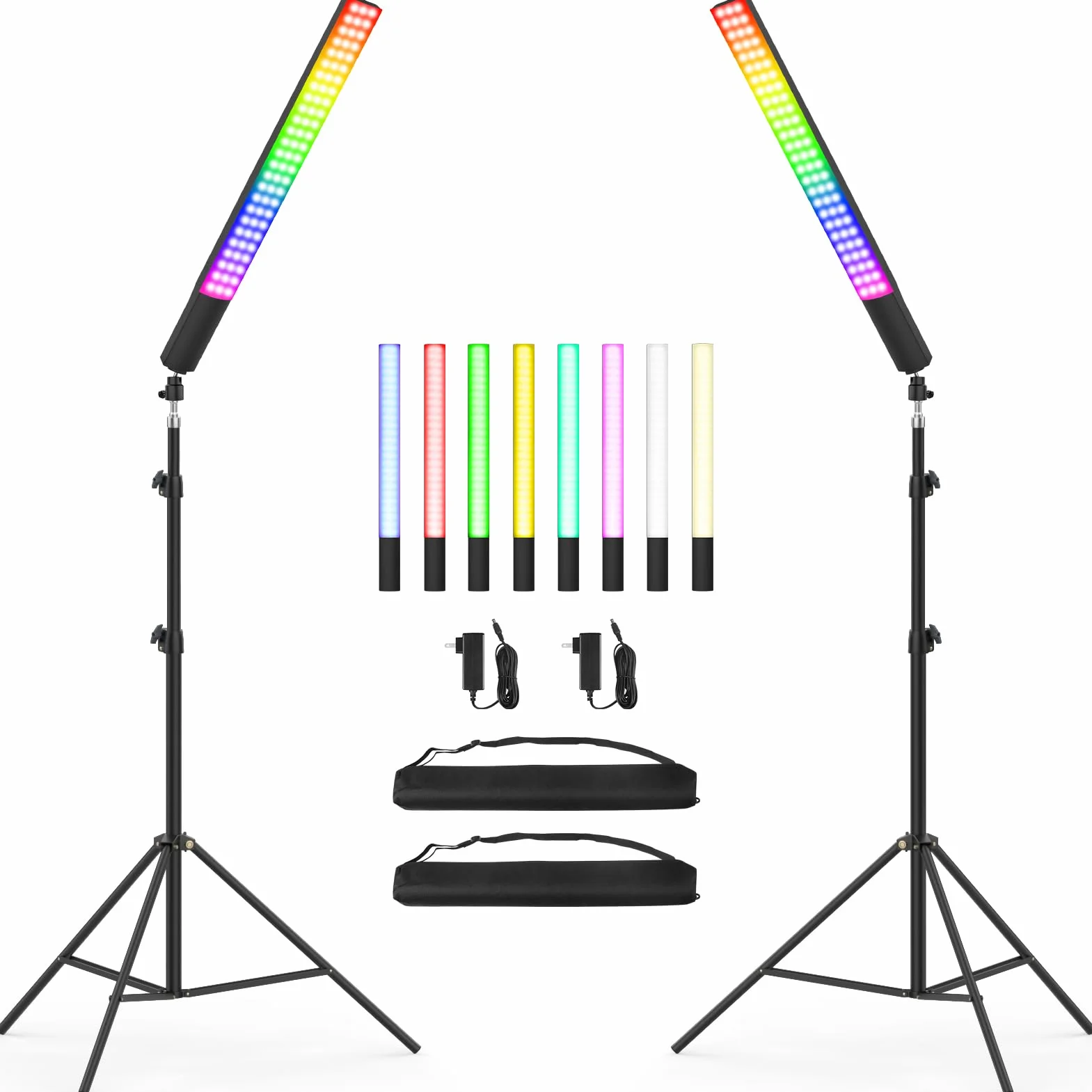 Obeamiu Kit di 2 bacchette luminose RGB per fotografia, dimmerabili, 2500-8500 K, con batteria da 8000 mAh, barra luminosa da studio con borsa per il trasporto per registrazione video, fotografia,