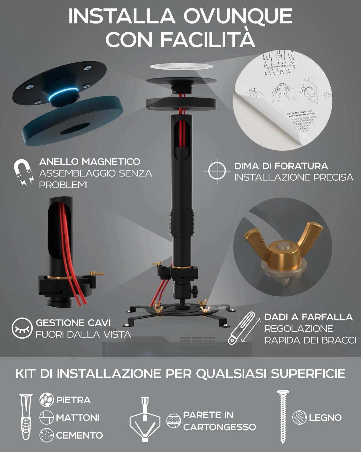 Supporto universale per proiettore PropVue - Supporto regolabile a soffitto o a parete per mini proiettori da ufficio e per la casa - Facile installazione, girevole a 360°, lunghezza da 35 a 53 cm