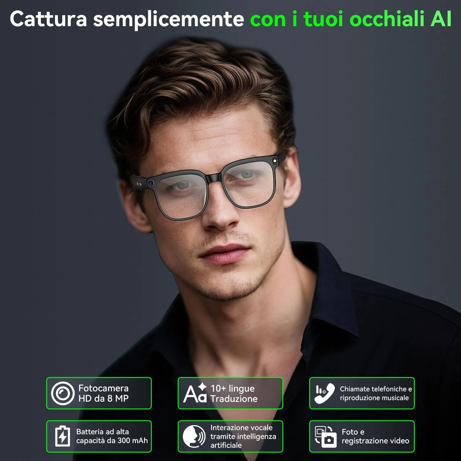 Occhiali Smart con Fotocamera 8MP,Smart Glasses AI,Occhiali Intelligenti con Fotografia/Registrazione/Chiamate Intelligenti/Musicale/Traduzione/Riconoscimento Immagini, Blu