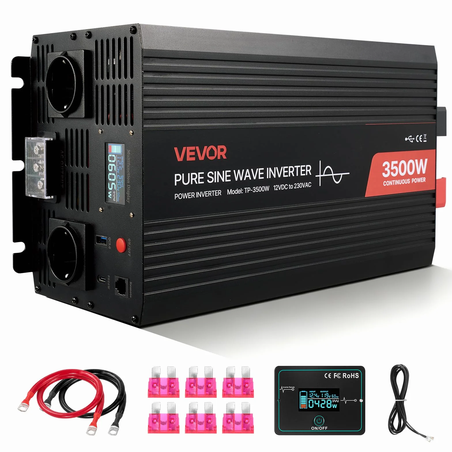 VEVOR Inverter di Corrente da 3500 W, Inverter a Onda Sinusoidale Pura da 12 V CC a 230 V CA, Convertitore per Caricabatteria Solare da Auto con Display LCD, Telecomando, Porte USB e Tipo C, Prese CA