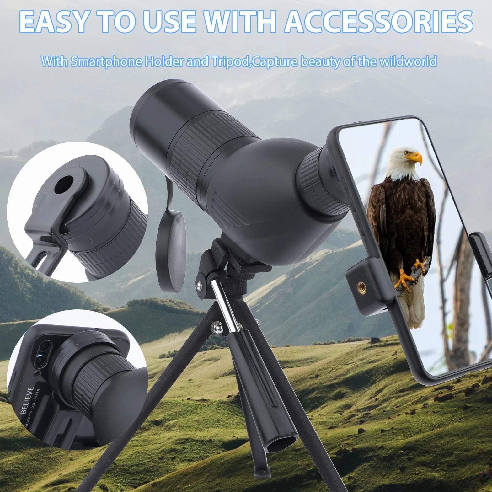 Cannocchiale con Treppiede, Borsa per il Trasporto e Adattatore per Smartphone, FMC Ottica Bak4 Prisma Telescopio Spotting Scope con Smartphone Adapter per Tiro a Segno Birdwatching Caccia (black)