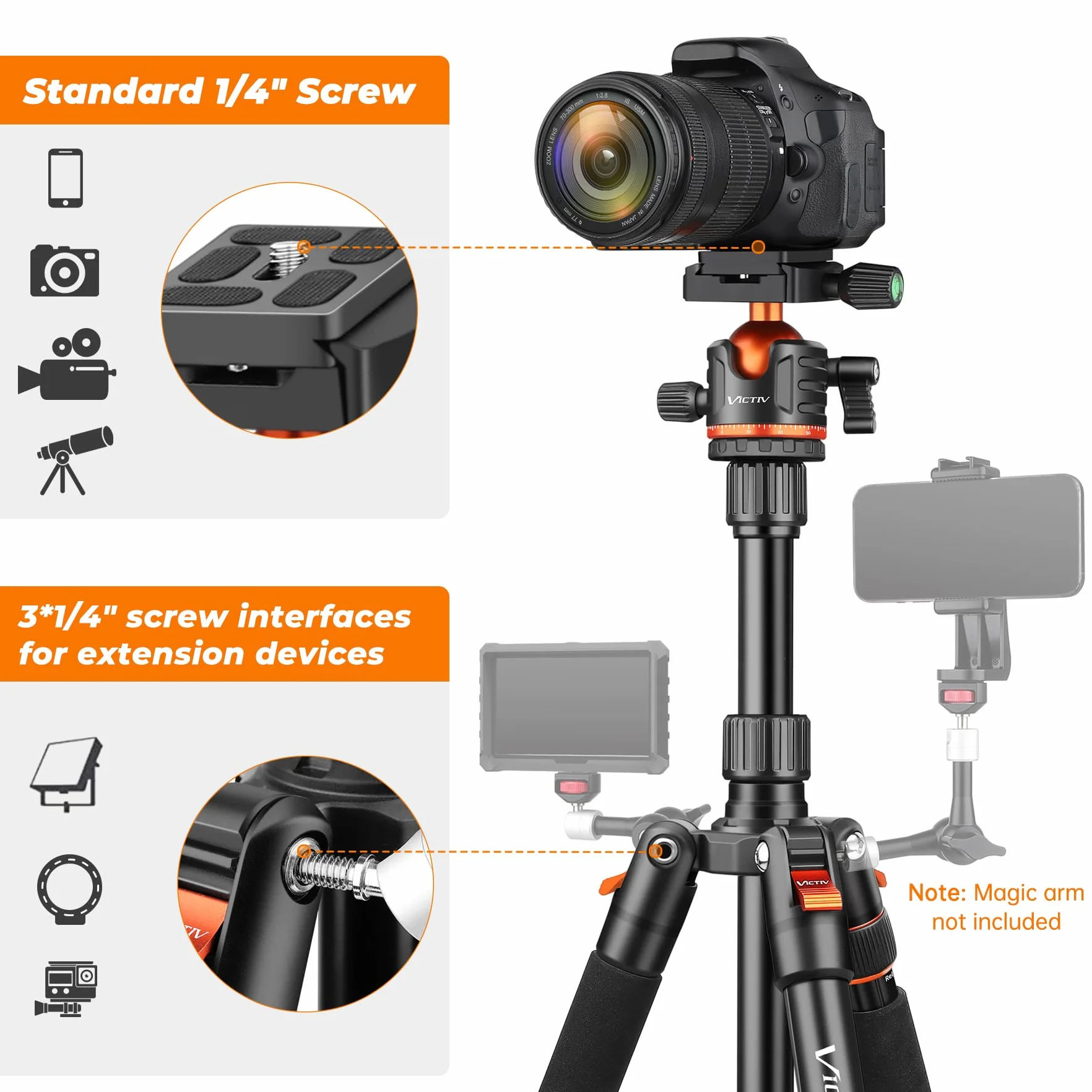 Victiv 78.7"/ 200cm Treppiede Fotocamera, Cavalletto Fotografico da Viaggio Leggero e Compatto in Alluminio, Treppiedi Monopiede per Videocamera Canon Nikon Sony, Treppiede Cavalletto per Smartphone