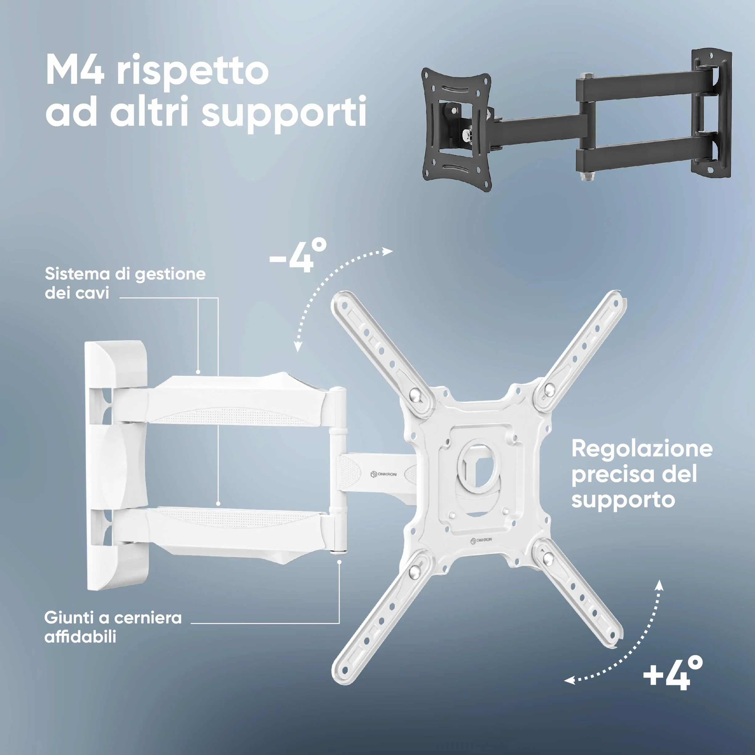 ONKRON Supporto TV Parete 32-65 pollici, Staffa TV fino a 35 kg, VESA 100x100-400x400 mm, Porta Televisore a Muro Inclinabile e Girevole, Braccio Televisore Regolabile, Snodabile, Bianco M4-W