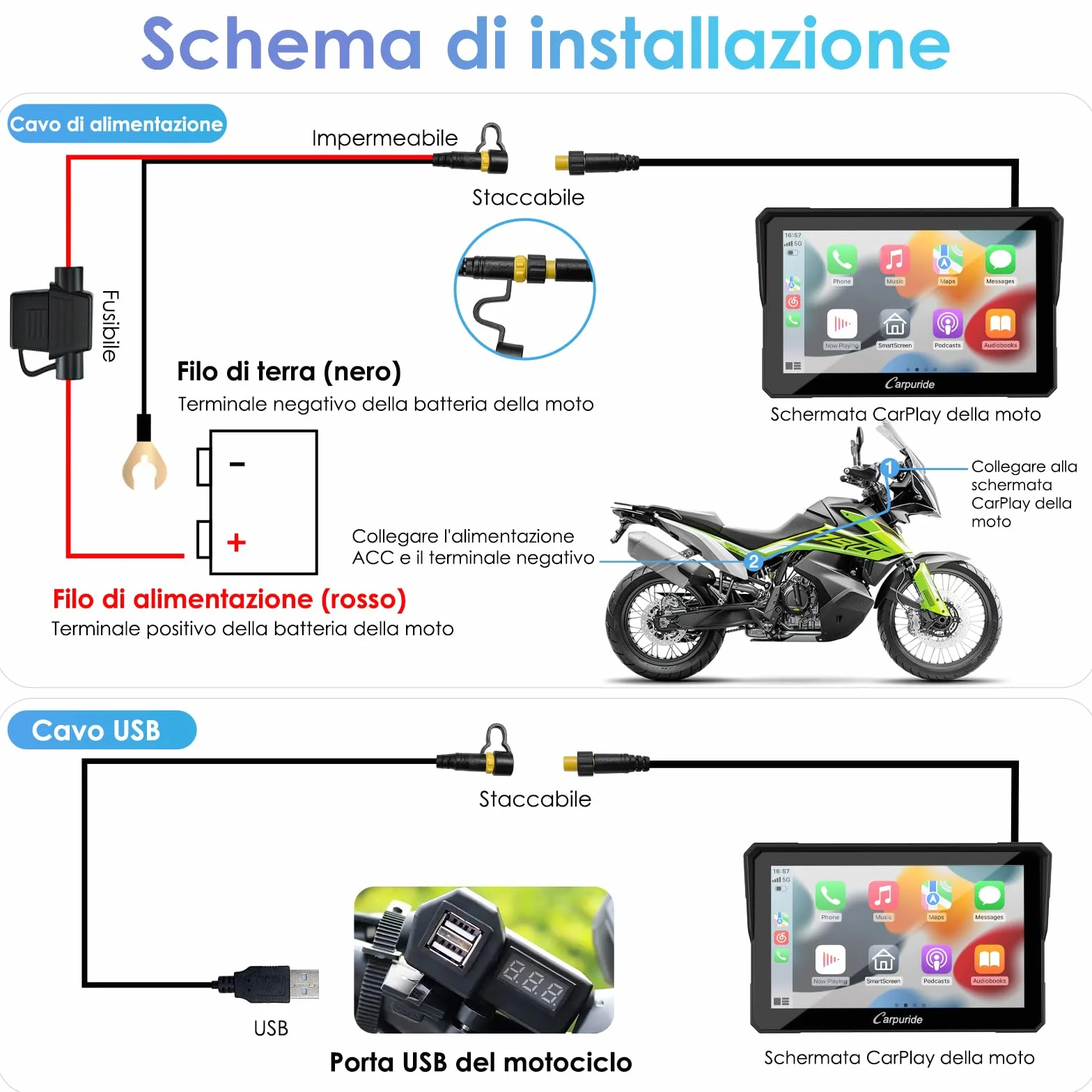 Carpuride W702 Schermo CarPlay Moto 7" Touchscreen Impermeabile GPS Bluetooth