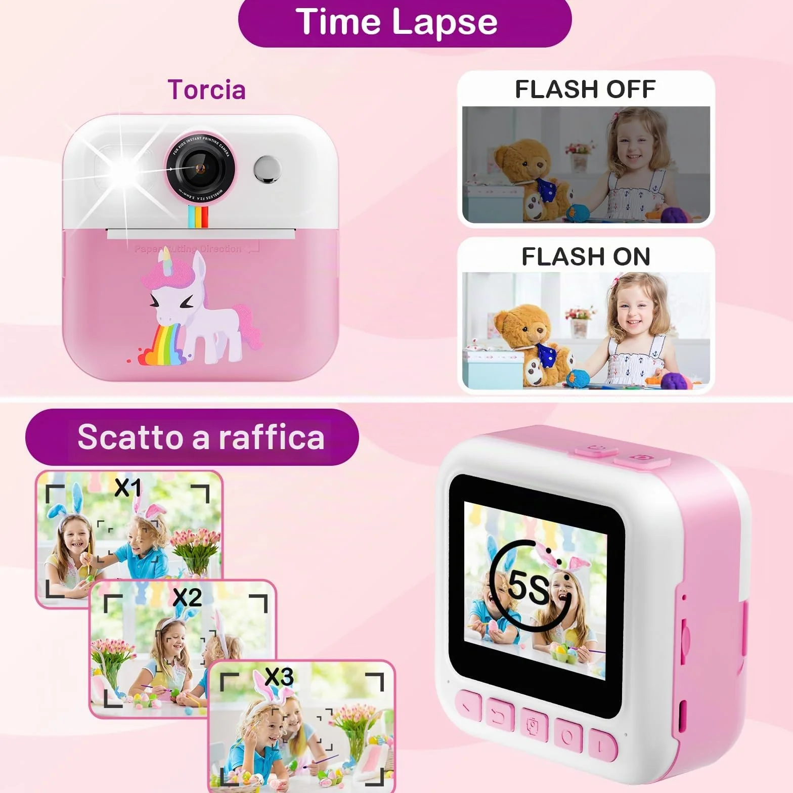 Macchina Fotografica Bambini Istantanea, 2,4 Pollici 1080P Fotocamera Bambini Selfie con Carta da Stampa e 32GB Scheda, Giocattolo Regalo di Natale Bambino e Bambina 3 4 5 6 7 8 Anni (Rosa)