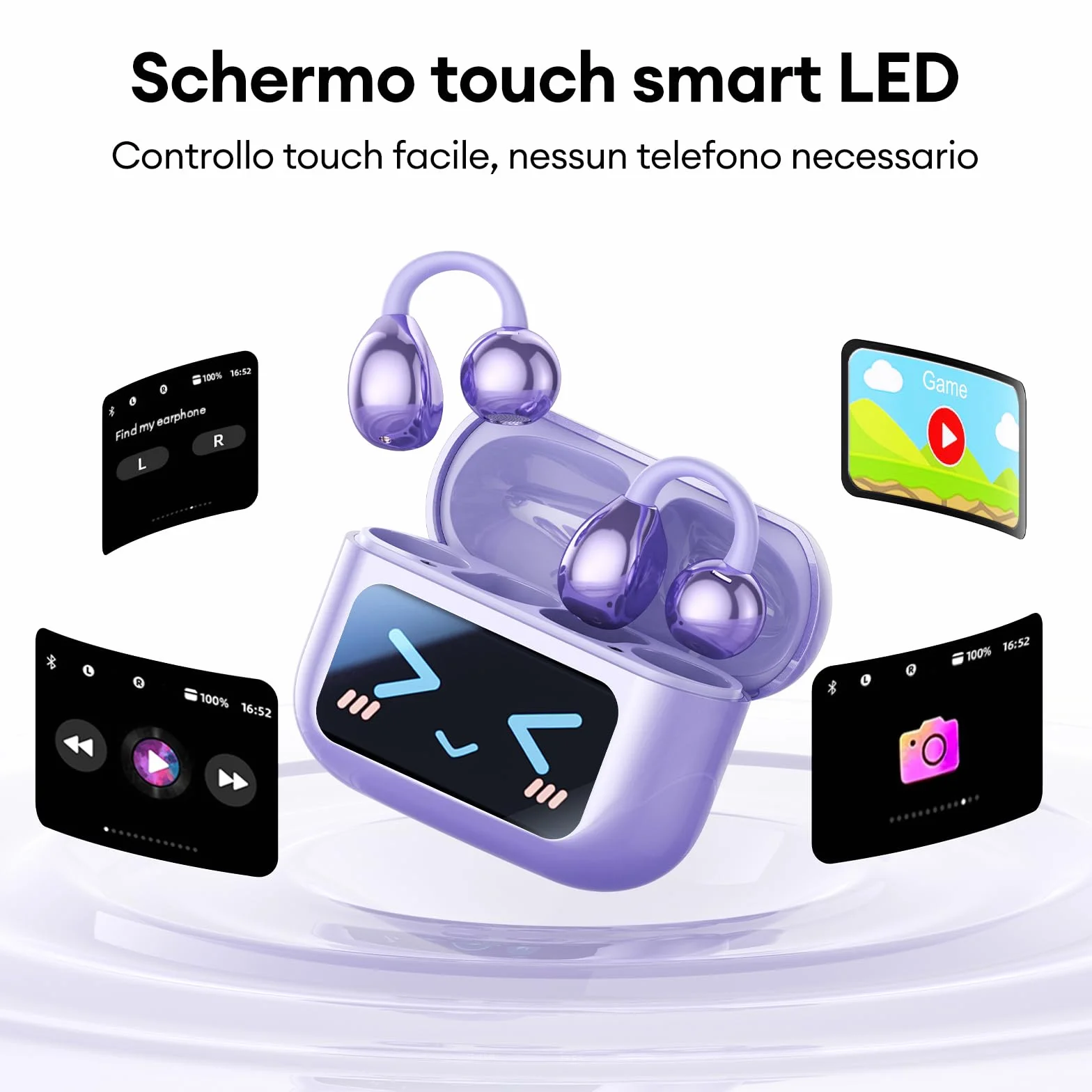 ZOMBIES CAT Auricolari Open Ear Clip-on con Schermo Touch Intelligente – Cuffie Bluetooth 5.4, Audio HiFi, Controllo Musicale & Volume, Auricolari Bluetooth per Sport,M100 Viola