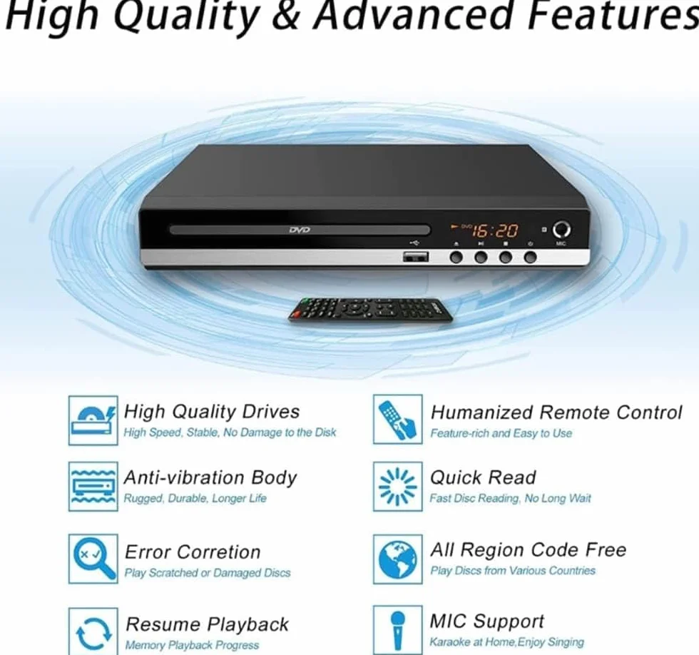 Lettore DVD per TV, Lettori per TV 1080P HD con Connettività HDMI RCA e AV, Region Free Connessione, supporto ingresso scheda USB, Dolby Digital