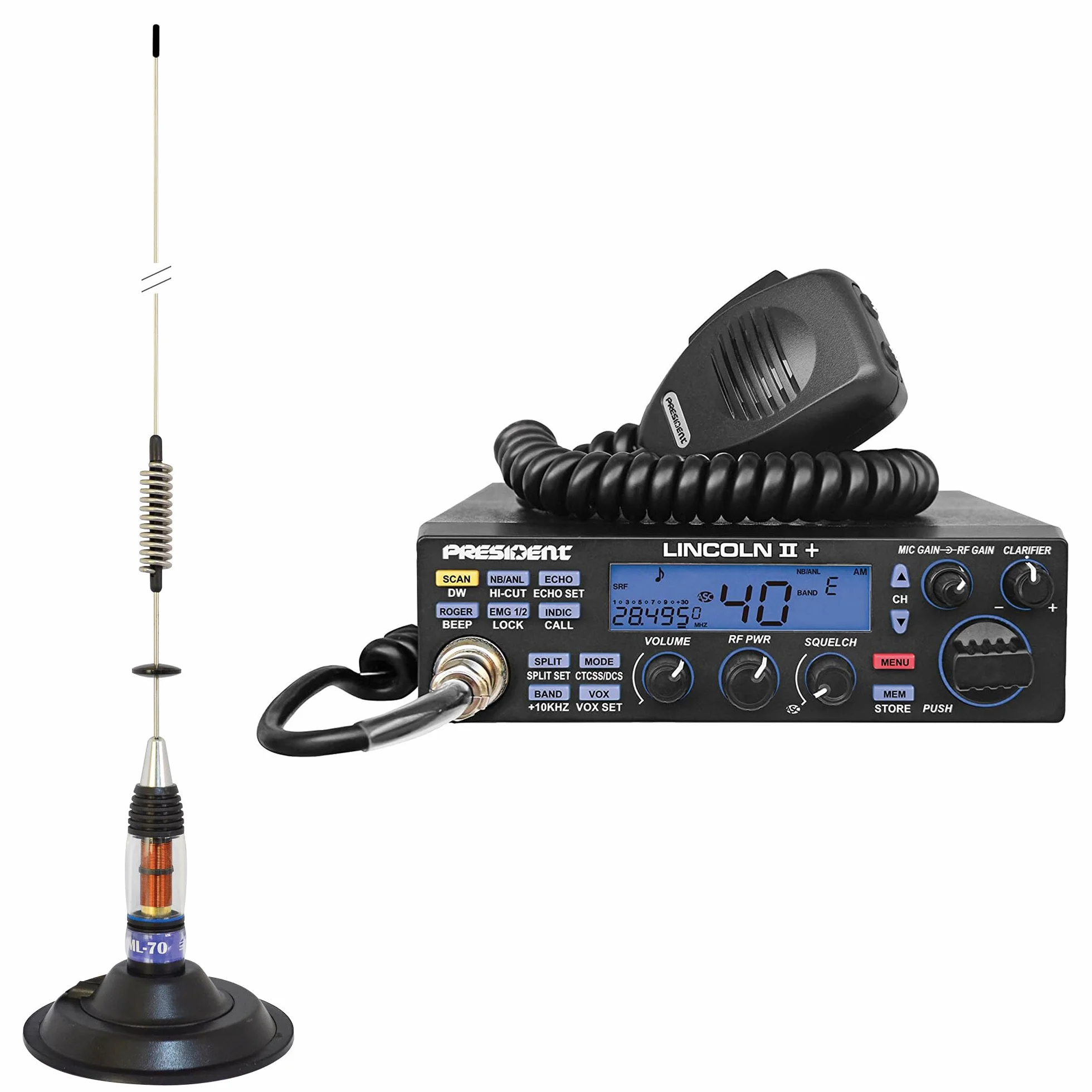 Kit Radio CB President LINCOLN II + Antenna CB PNI ML70, lunghezza 70 cm, 26-30 MHz, 200 W