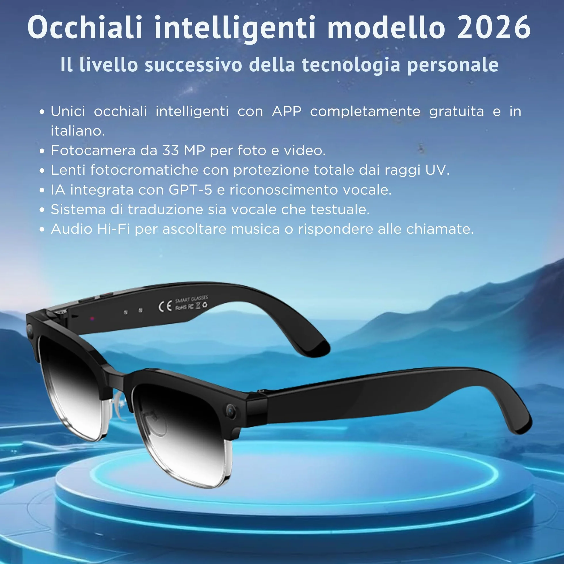 smartia – Occhiali Intelligenti con Fotocamera, Modello 2026, App in Italiano, Occhiali Bluetooth Suono Hi-Fi, IA GPT 5 integrata da Voice, Glasses Fotocromatici, Fotocamera da 33 MP 4K
