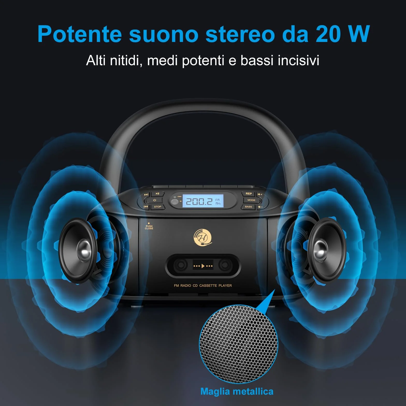 Lettore CD con Cassette, Radio FM Portatile, Lettore CD super basso Boombox con Bluetooth, Altoparlanti Stereo Incorporati, supporto AUX-In, Riproduzione USB, Uscita per cuffia