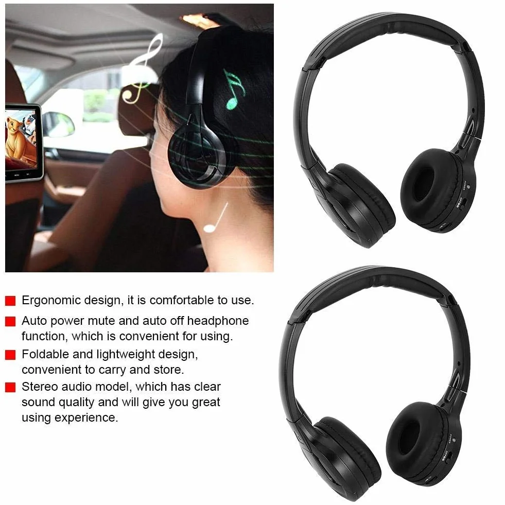 Tbest Cuffie pieghevoli per cuffie a infrarossi a 2 canali senza fili, Cuffie senza fili a infrarossi Cuffie o stereo per cuffie a infrarossi per poggiatesta per auto DVD