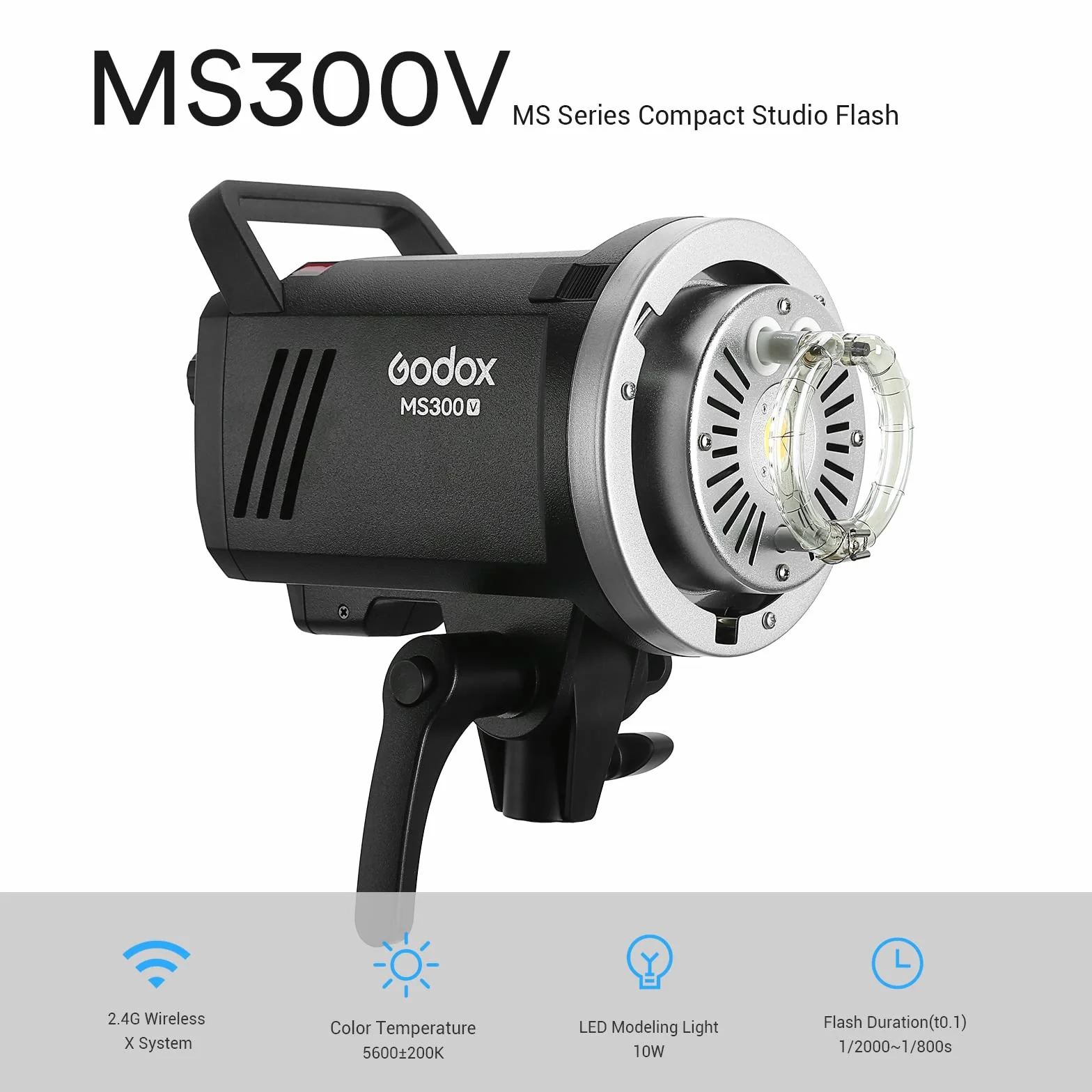 Godox MS300-V 300W Flash da studio, Lampada da modellazione aggiornata, 2.4G Wireless X System GN58 5600K Monolight con Bowens Mount, Tempo di riciclo 0,1-1,3 secondi