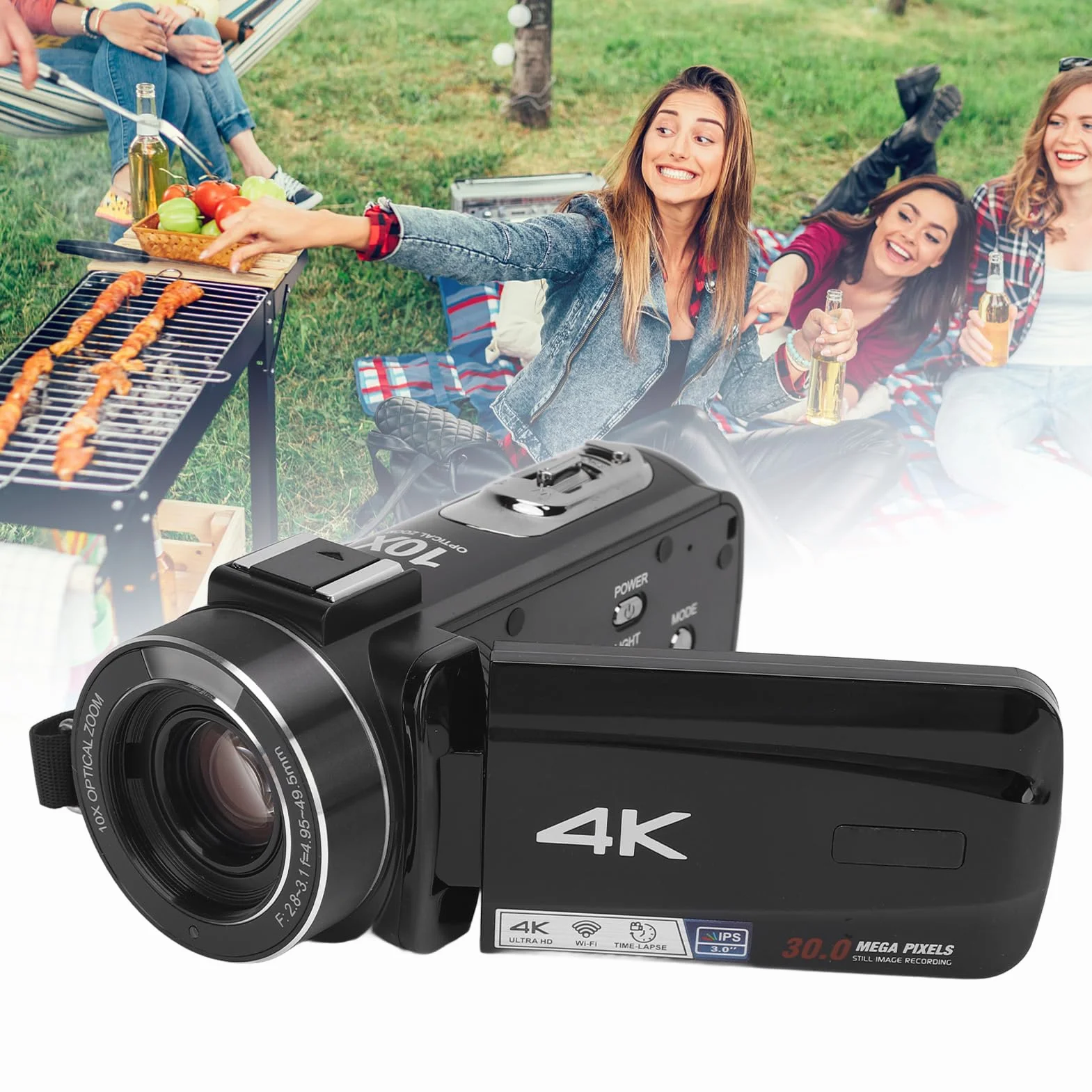 Yctze Videocamera HD con Zoom Ottico 4K 10X, Touch Screen IPS da 3 MP, Videocamera Anti-shake, Anti-shake a 6 Assi, Porta Hot-shoe per i Viaggi