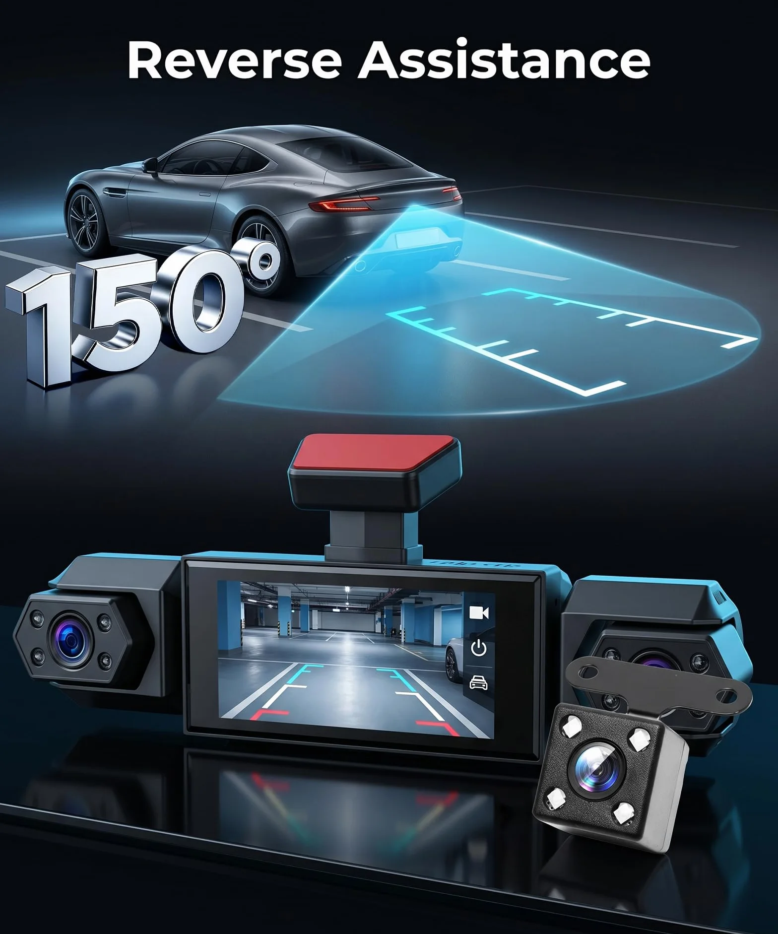 Rimoody 4 Canali 360° Dashcam Auto, 4 Telecamera HD 1080P Anteriore e Posteriore Sinistra Destra, 3.16 Pollici Schermo IPS Dash Cam con Visione Notturna 8 IR/Loop Video/24H Parcheggio Monitor
