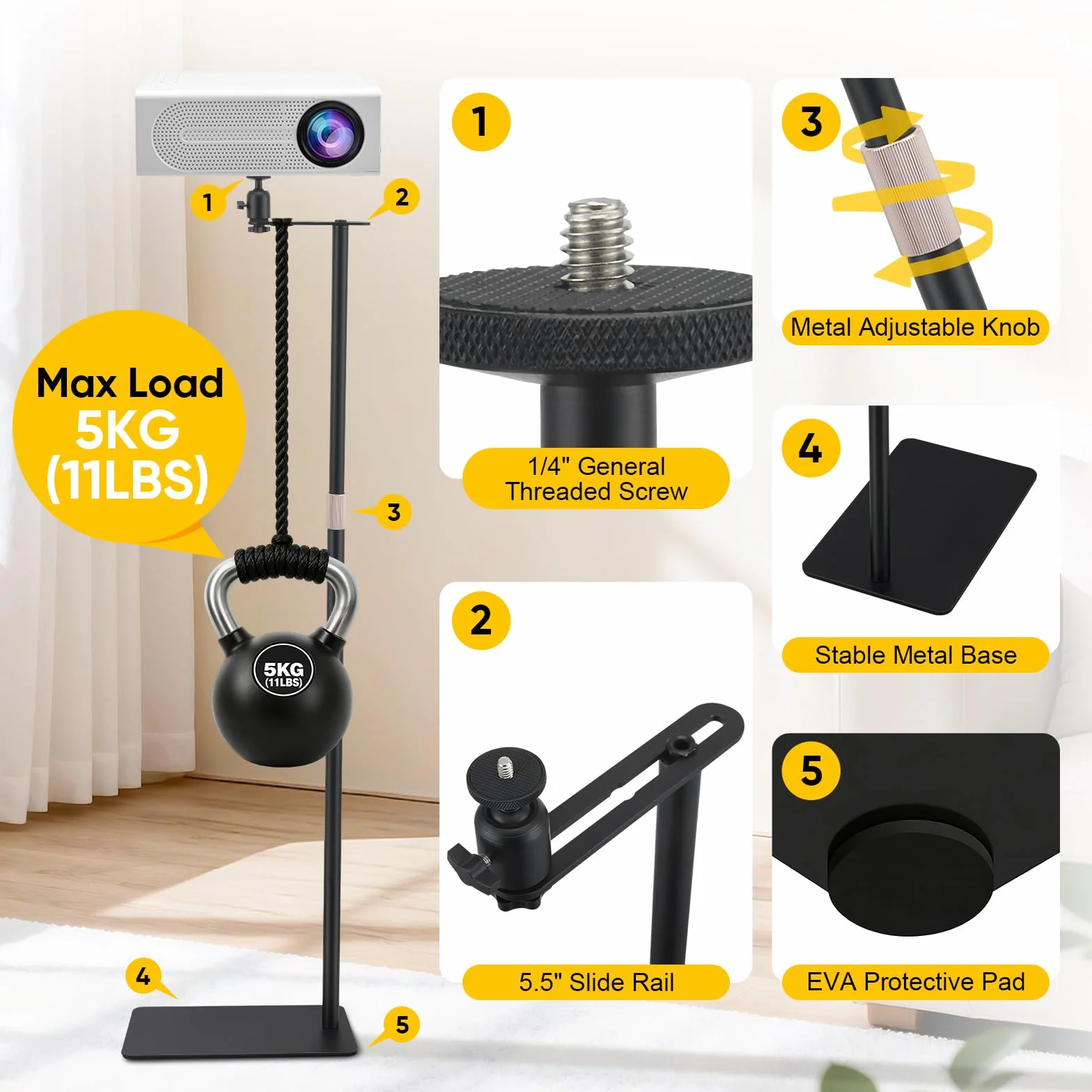 Beamerstandaard, Projectorstandaard, Bank Tegen de Muur, Verborgen Projector Vloerstandaard met in Hoogte Verstelbaar 30-130cm, 360° Draaibaar, Draagvermogen tot 5kg, voor Thuis Kantoor Podium Studio
