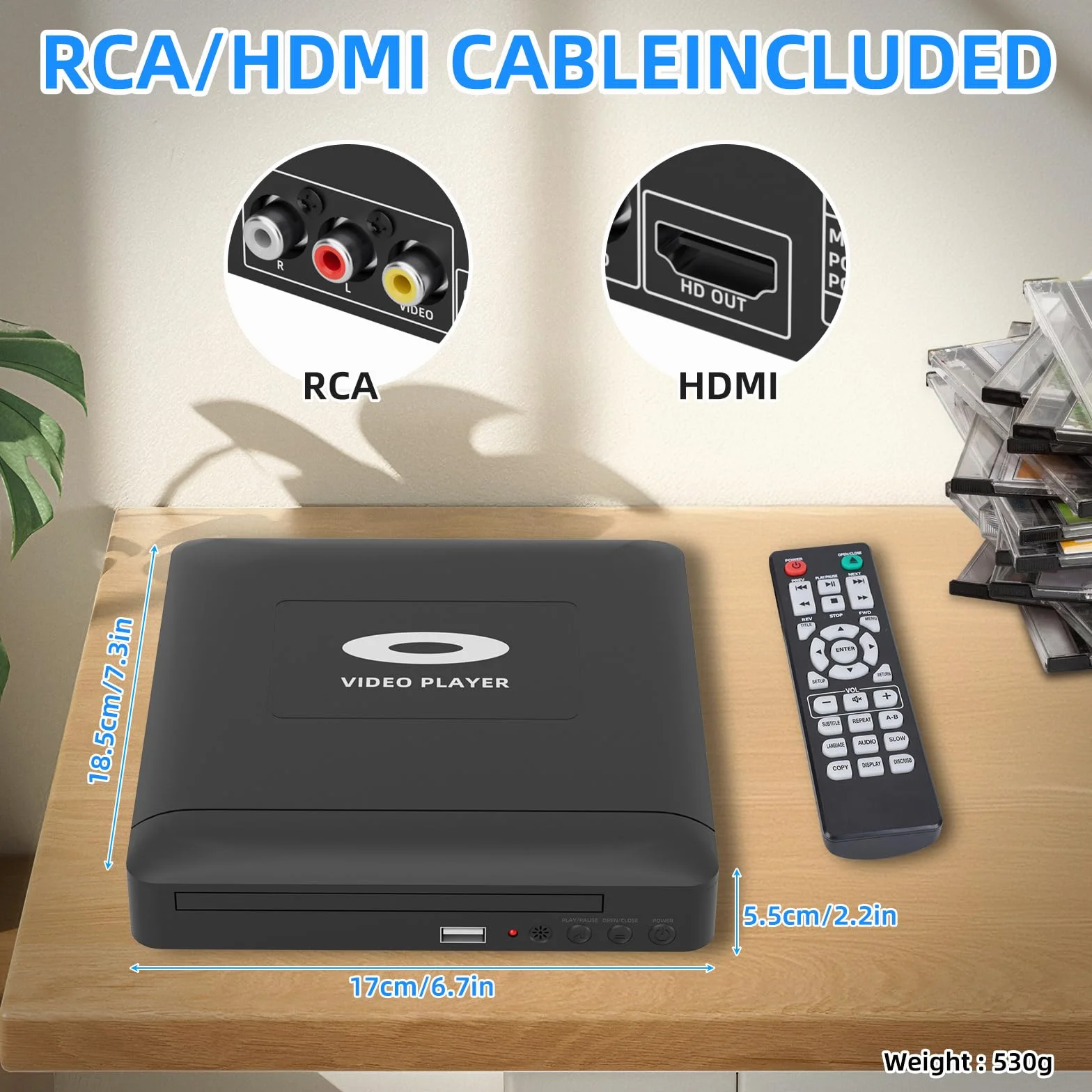 Mini Lettore DVD HD con Porta HDMI, 1080P Lettore DVD per Smart TV, Region Free Connessione, Cavo di uscita integrato PAL/NTSC, HDMI/RCA incluso, Lettore Cd per La Casa