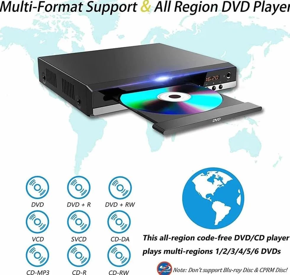 Lettore DVD per TV, Lettori per TV 1080P HD con Connettività HDMI RCA e AV, Region Free Connessione, supporto ingresso scheda USB, Dolby Digital