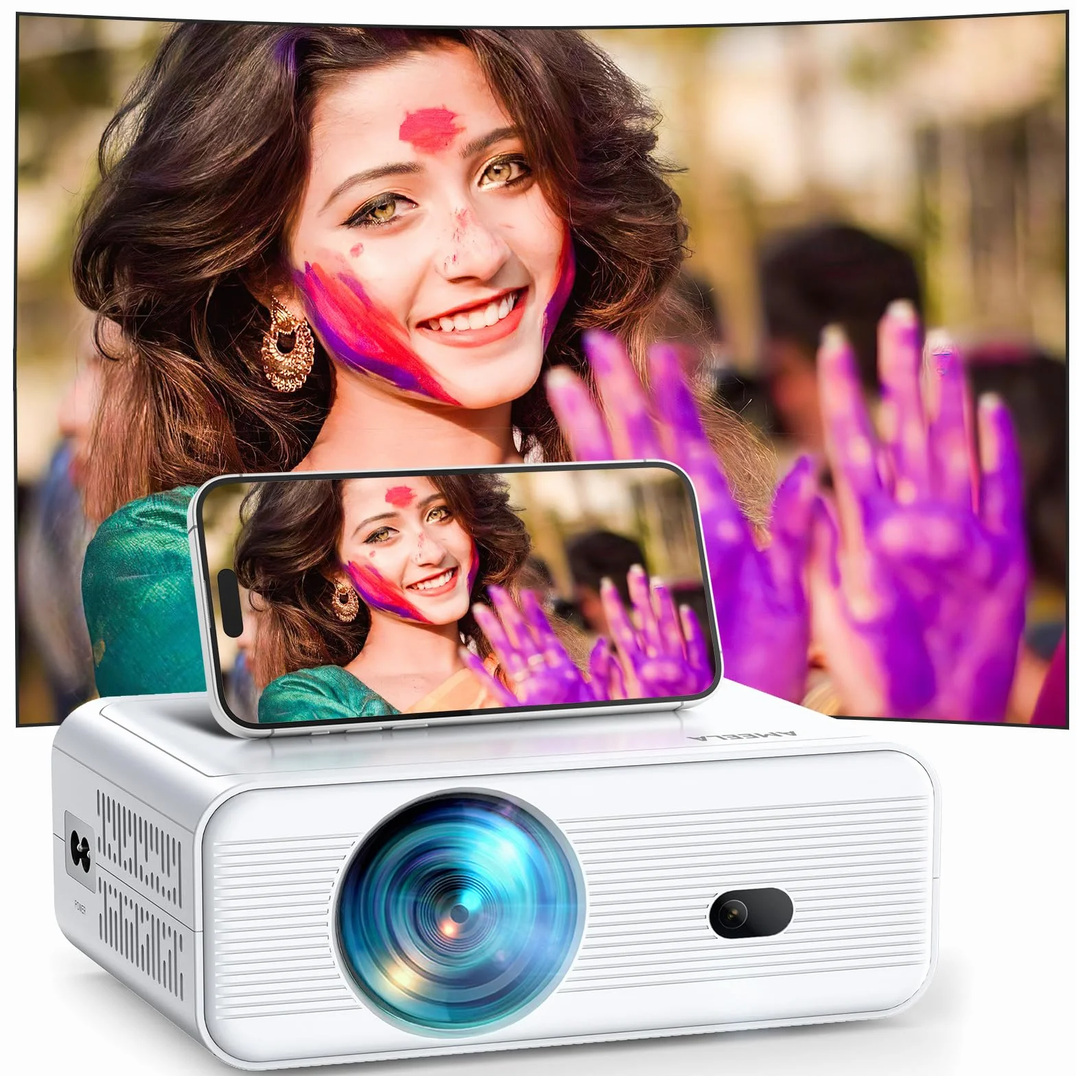 18000 Lumens Proiettore, Full HD 1080P Mini Proiettore, AMEELA Videoproiettore, 2.4/5G WiFi Bluetooth Proiettore, Proiettore portatile compatibile con chiavetta TV/USB/laptop/HDMI/iOS/Smartphone