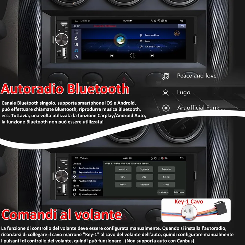 Autoradio 1 DIN con schermo Wireless CarPlay e Android Auto FM Bluetooth AUX Tipo-C Telecamera posteriore