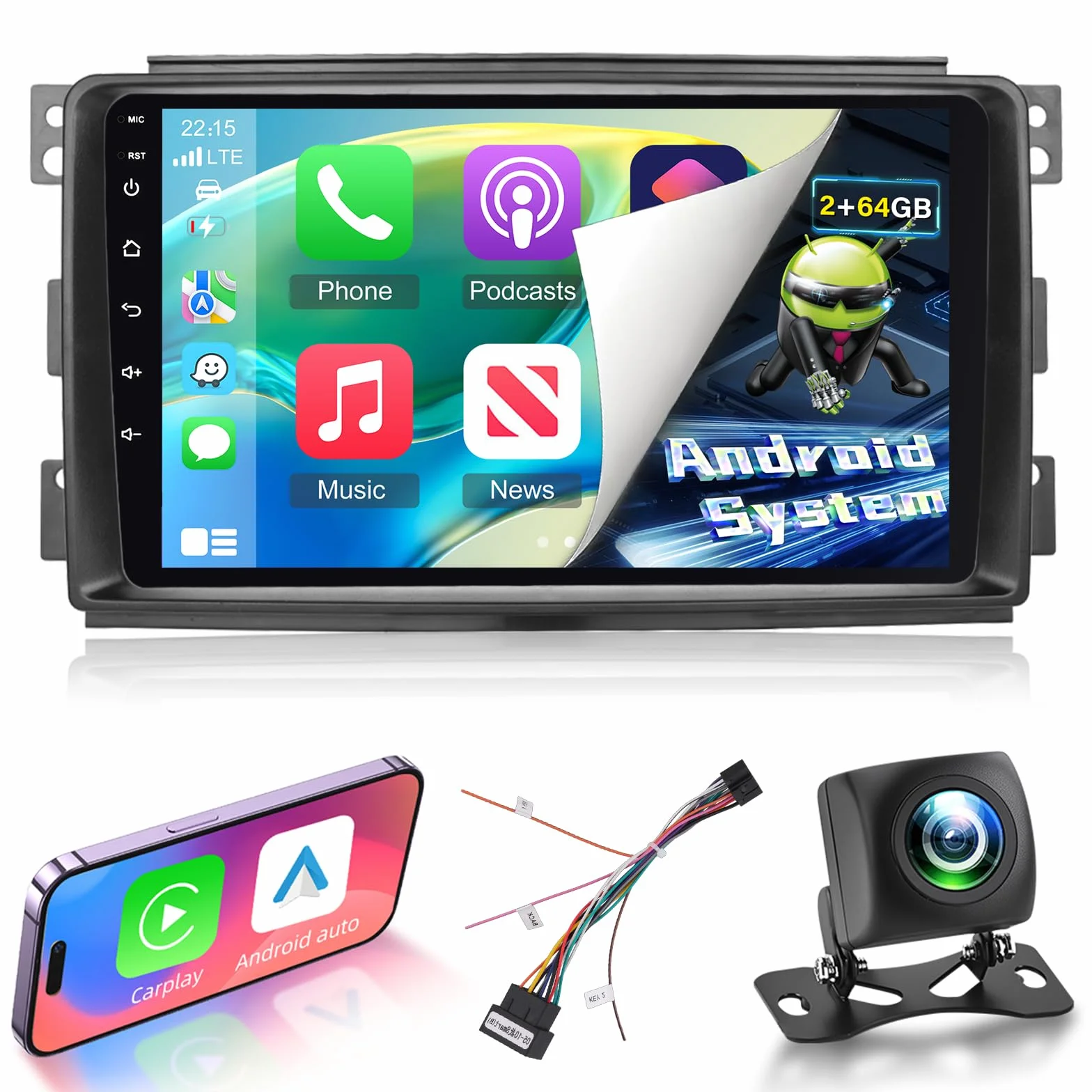 Autoradio Android NHOPEEW 2G+64G per Benz Smart Fortwo 451 2005-2010 - Carplay wireless e Android Auto - Autoradio Carplay da 9 pollici con WiFi EQ GPS FM RDS + telecamera posteriore AHD e microfono