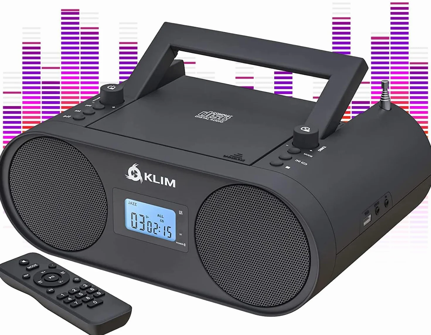 KLIM Lettore CD Stereo Boombox B4 + AM/FM Radio con Lettore CD e USB, Bluetooth, AUX + Stereo casa + Filo o Wireless + Batteria ricaricabile, Telecomando, Standby automatico, EQ Digitale + NUOVO