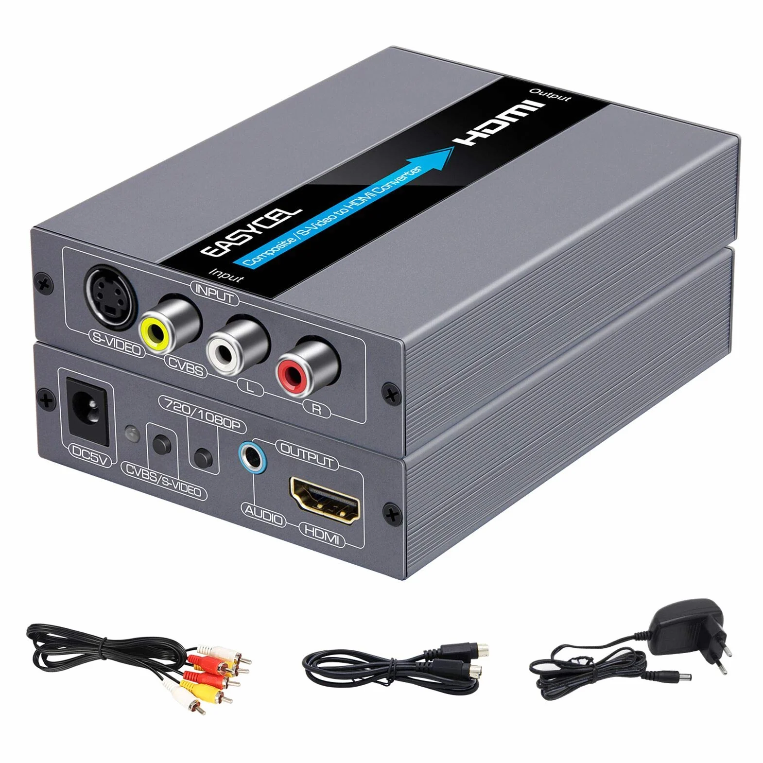 Convertitore RCA S-Video a HDMI, RCA Composite CVBS AV + R/L Audio Ingresso a HDMI Uscita Upscale, 720P/1080P per N64 PS2 Wii DVD
