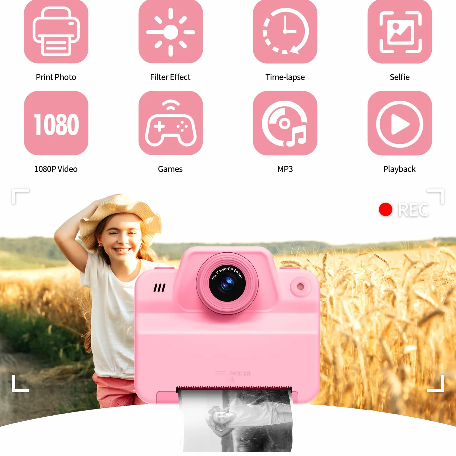 Fotocamera istantanea per bambini, con scheda SD e carta da stampa, 1080P, fotocamera digitale per bambini, regalo di compleanno di Natale, per ragazzi e ragazze, 3-12 anni (rosa)