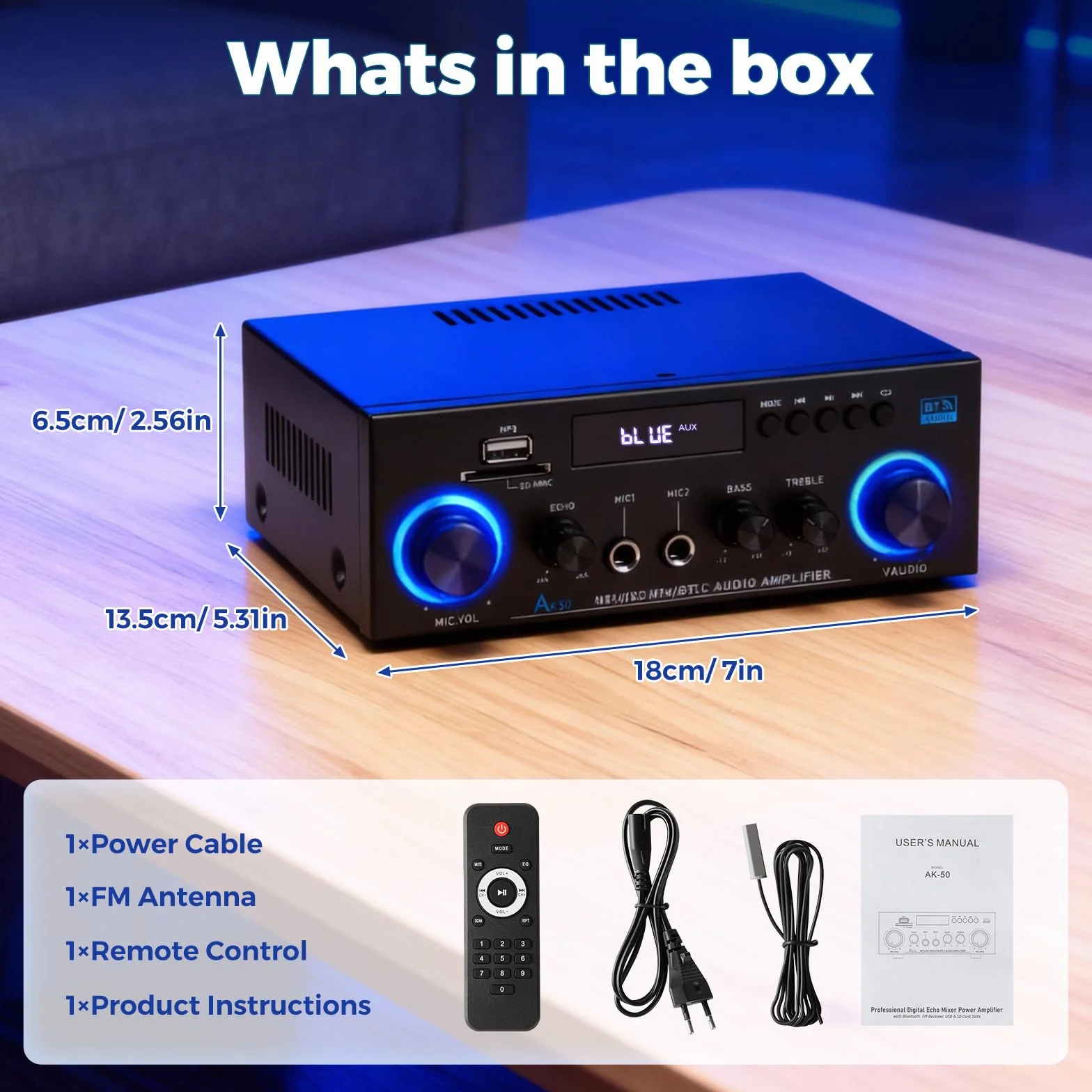 Romicta AK50 Amplificatore Audio Stereo 2.0 Canali 800W Bluetooth 5.0 Radio FM USB SD Echo MIC Telecomando per Casa e Home Theater