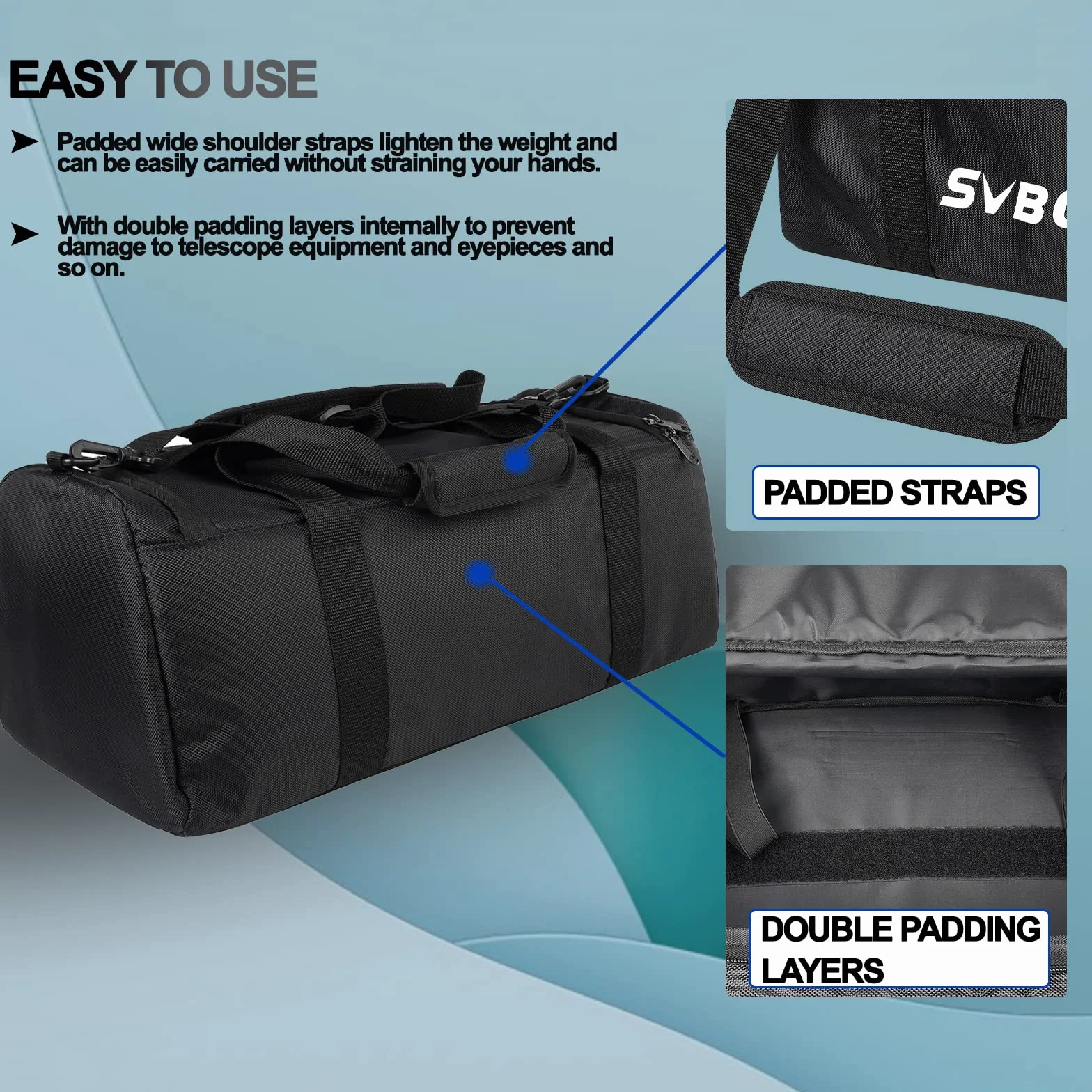 SVBONY SV212 Teleskoptasche, Gepolsterte Mehrzweck Tragetasche Verstellbarer Schultergurt Passend für Teleskop und Zubehör, Nero, Tessuto Oxford 1680D e PVC