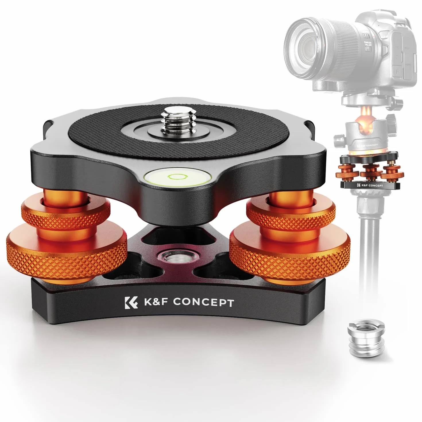K&F Concept Base di Livellamento per Treppiede Fotocamera, Base in Alluminio con Vite da 3/8" e Adattatore a Vite da 1/4" a 3/8", Regolazione Precisa dell'angolo di ±5° per Fotografia Panoramica Micro