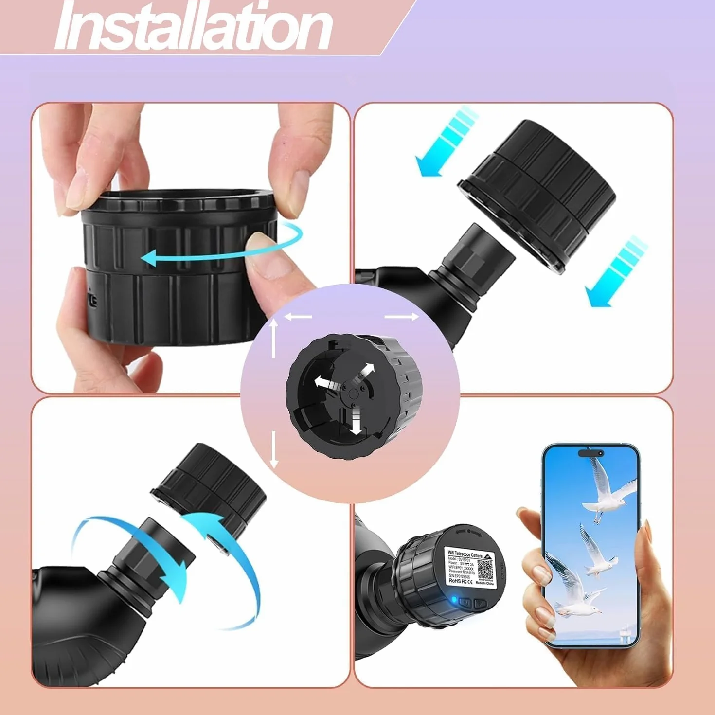 Telecamera oculare WiFi – Registrazione video 2K da 4 MP – WiFi e App integrate – Telecamera oculare elettronica per telescopi da 1,18 a 1,97 pollici